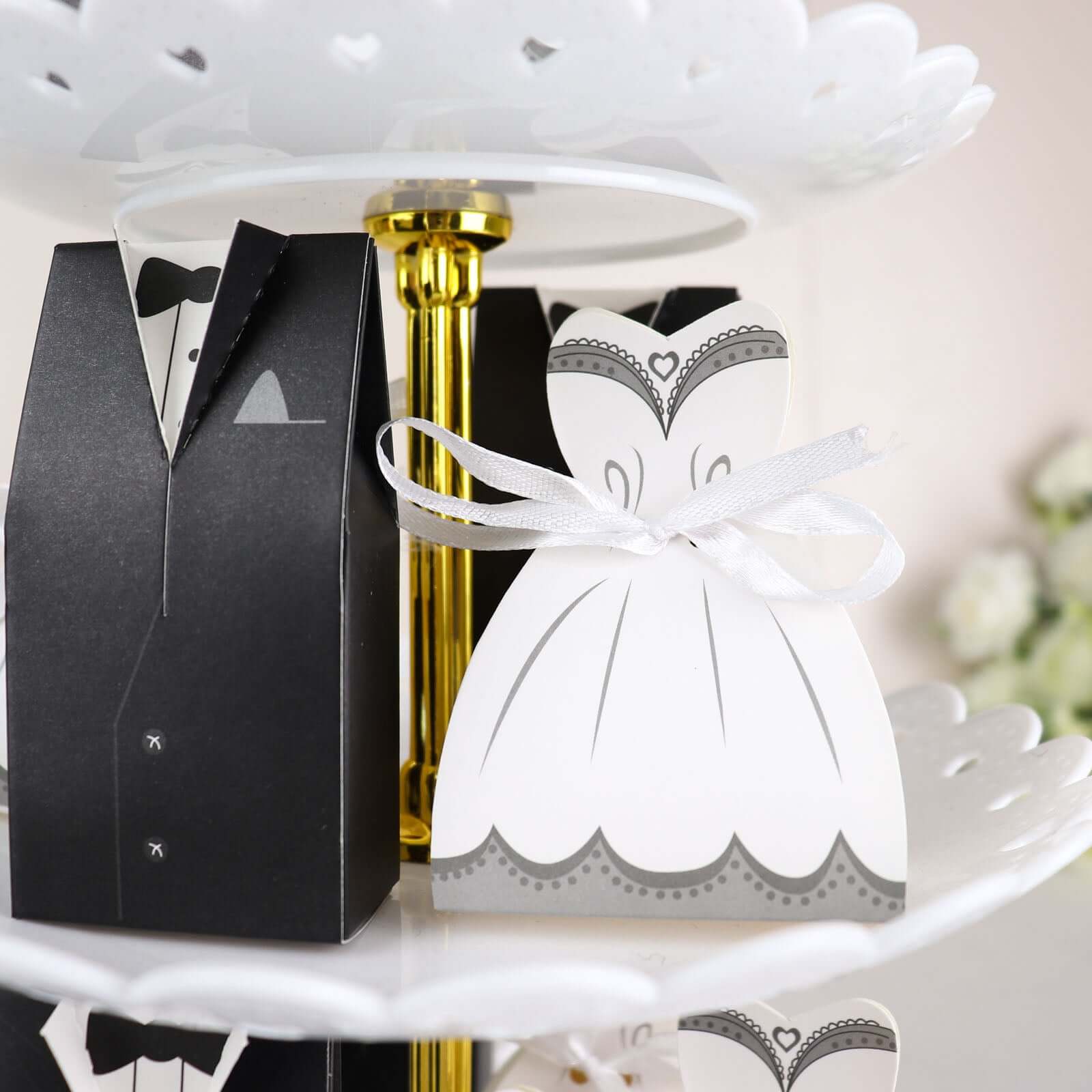 50 Pcs Set Wedding Dress and Tuxedo Shower Party Favor Candy Gift Boxes with Ribbon Ties