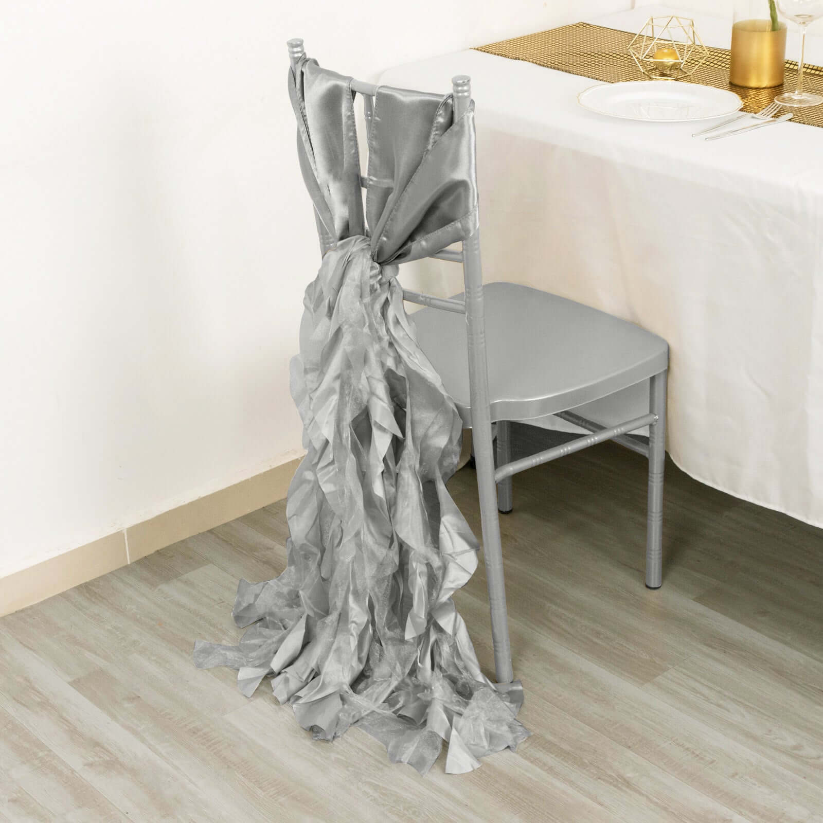 5 Pack Chiffon Satin Chair Sashes Silver - Easy to Install Ruffled Curly Willow