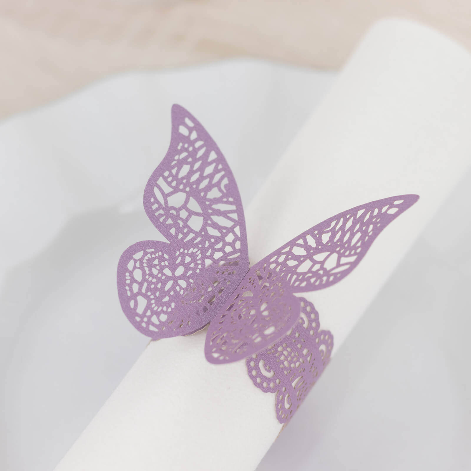 12-Pack Paper Napkin Rings Laser Cut Butterfly Lavender Shimmery - Decorative Serviette Holders