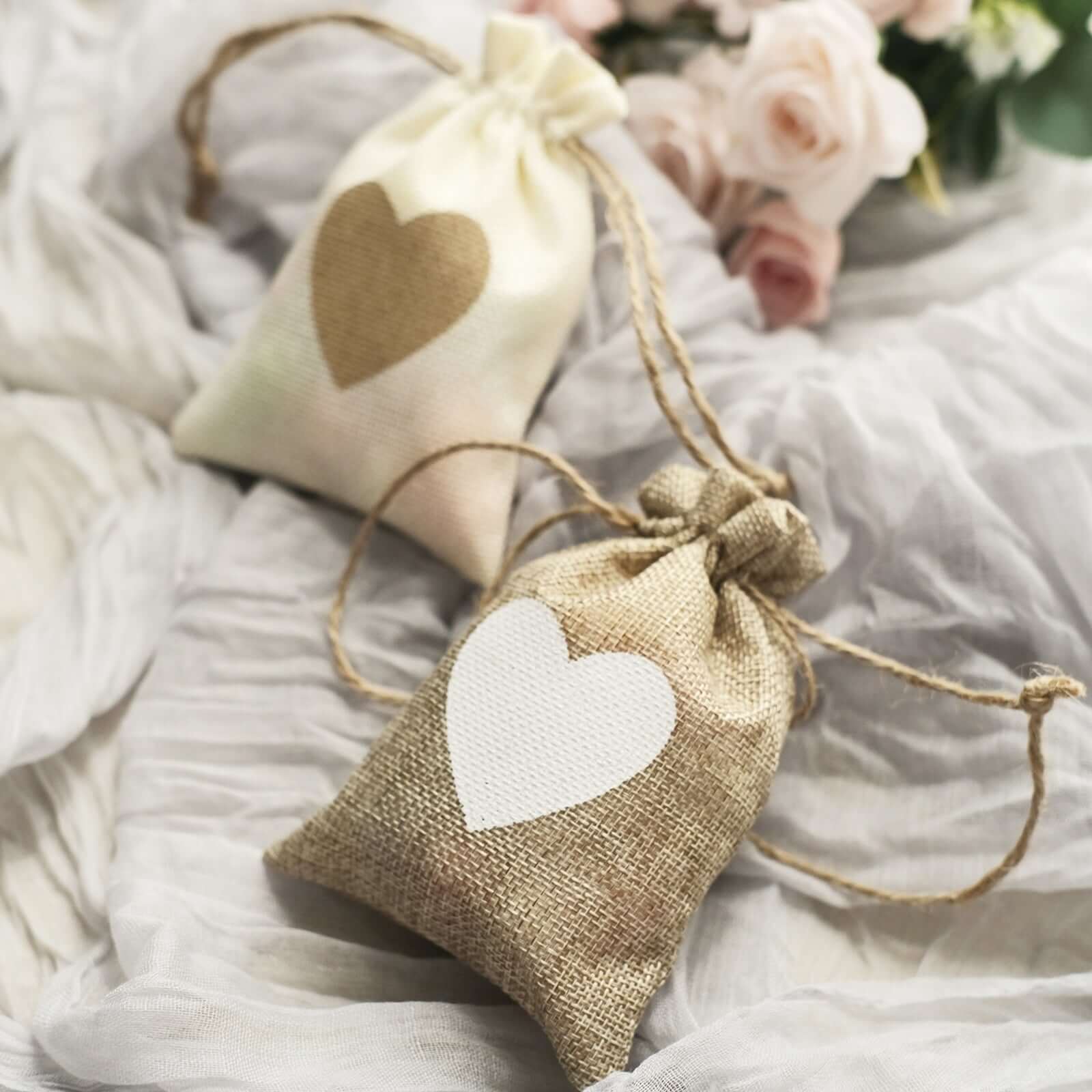 20 Pack 4x5 Natural Ivory Heart Design Jute Burlap Gift Bags With Drawstring, Rustic Wedding Party Favor Bags