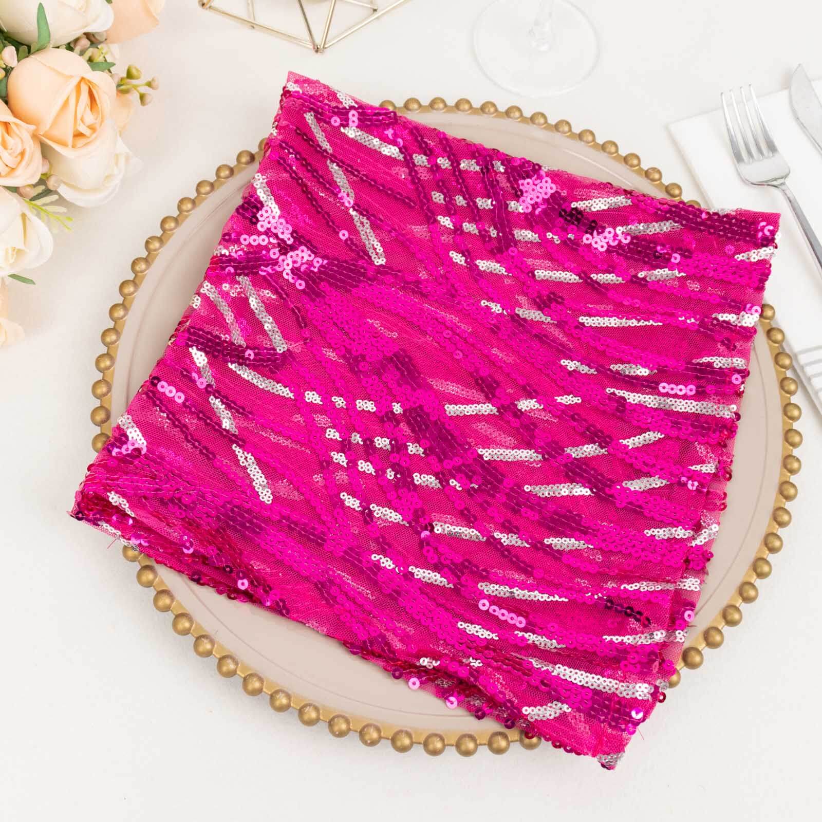 Sequin Mesh 20x20 Napkin Fuchsia Silver - Wave Embroidered Reusable Napkin