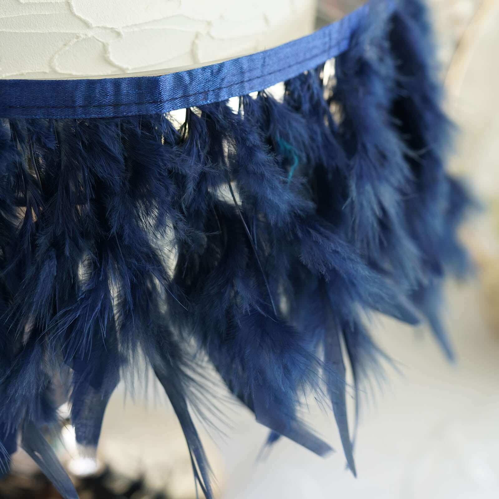 39 Navy Blue Real Turkey Feather Fringe Trim With Satin Ribbon Tape