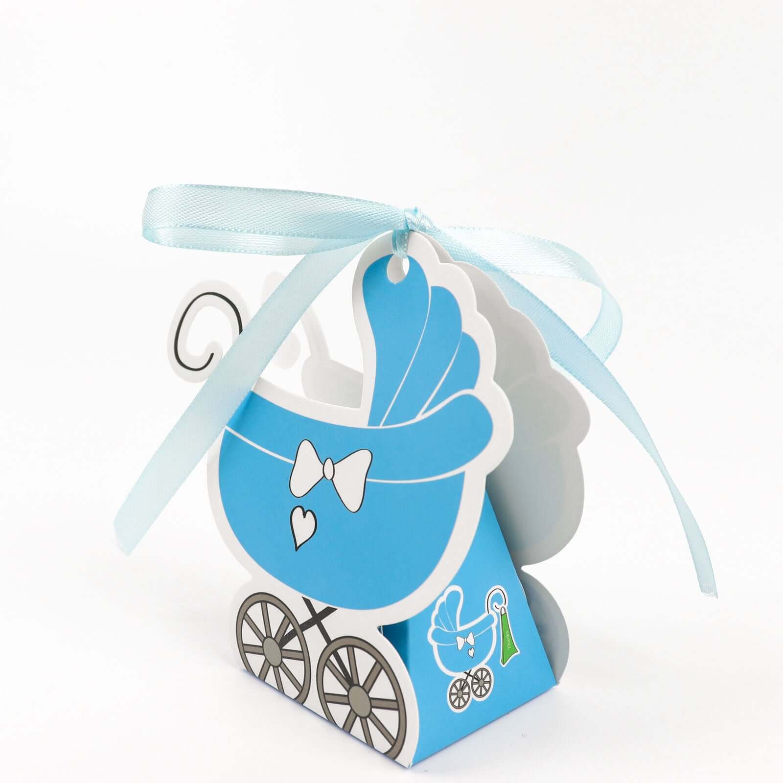 25 Pack Light Blue Baby Paper Stroller Party Favor Gift Boxes, Cardstock Carriage Candy Boxes with Ribbon Ties - 4.5x2x4