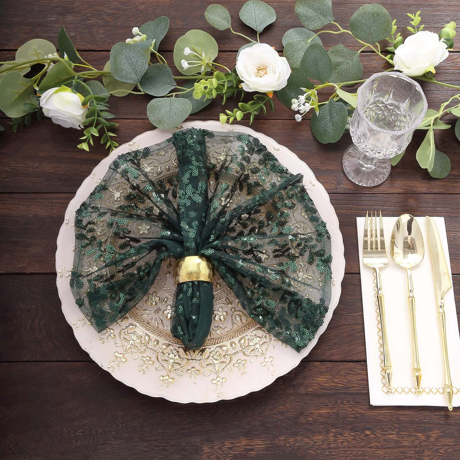 Sequin Tulle 20x20 Napkin Hunter Emerald Green - Embroidered Leaf Vine Dinner Napkins