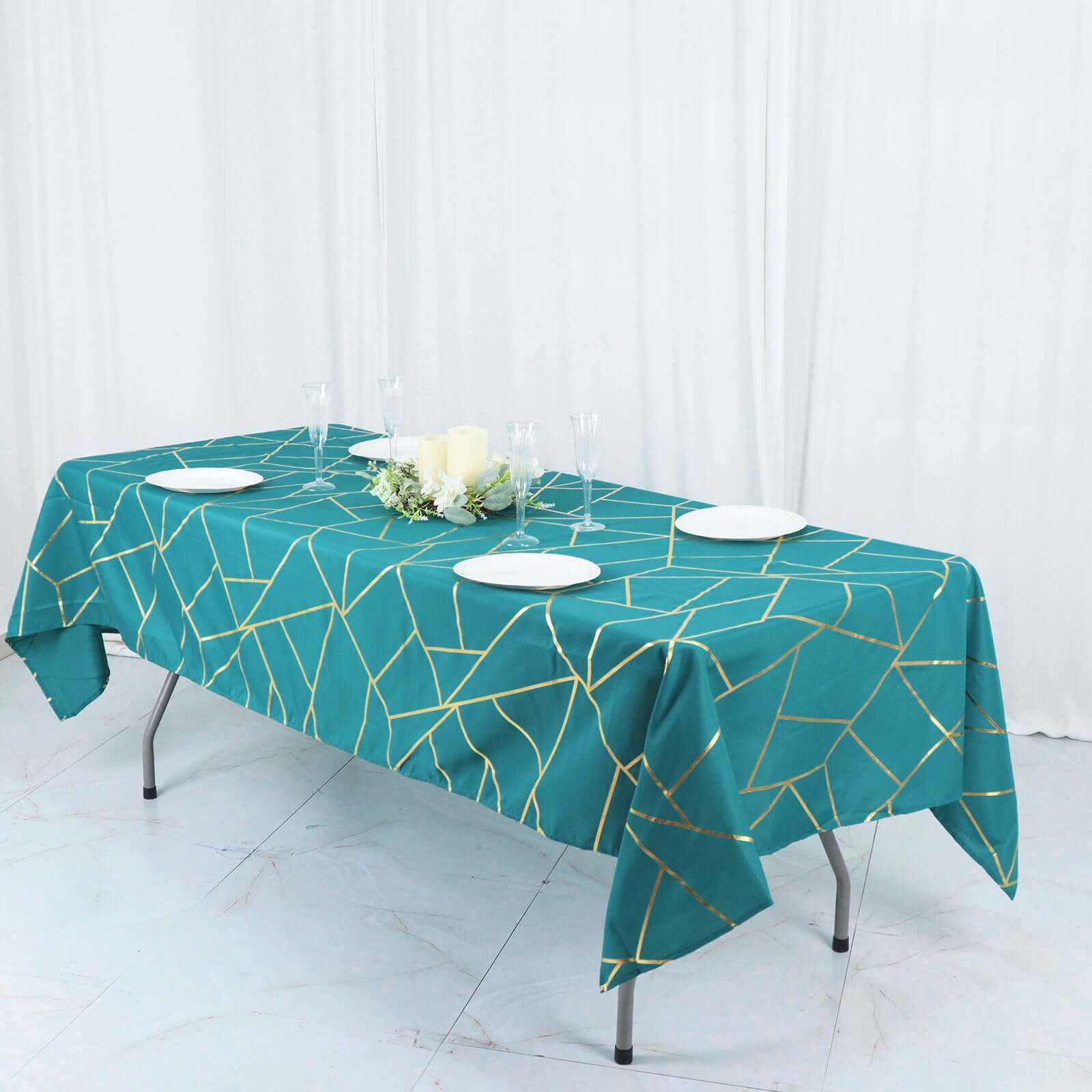 Polyester 60x102 Rectangle Tablecloth Teal with Gold Foil Geometric Pattern - Wrinkle-Resistant & Durable Table Cover