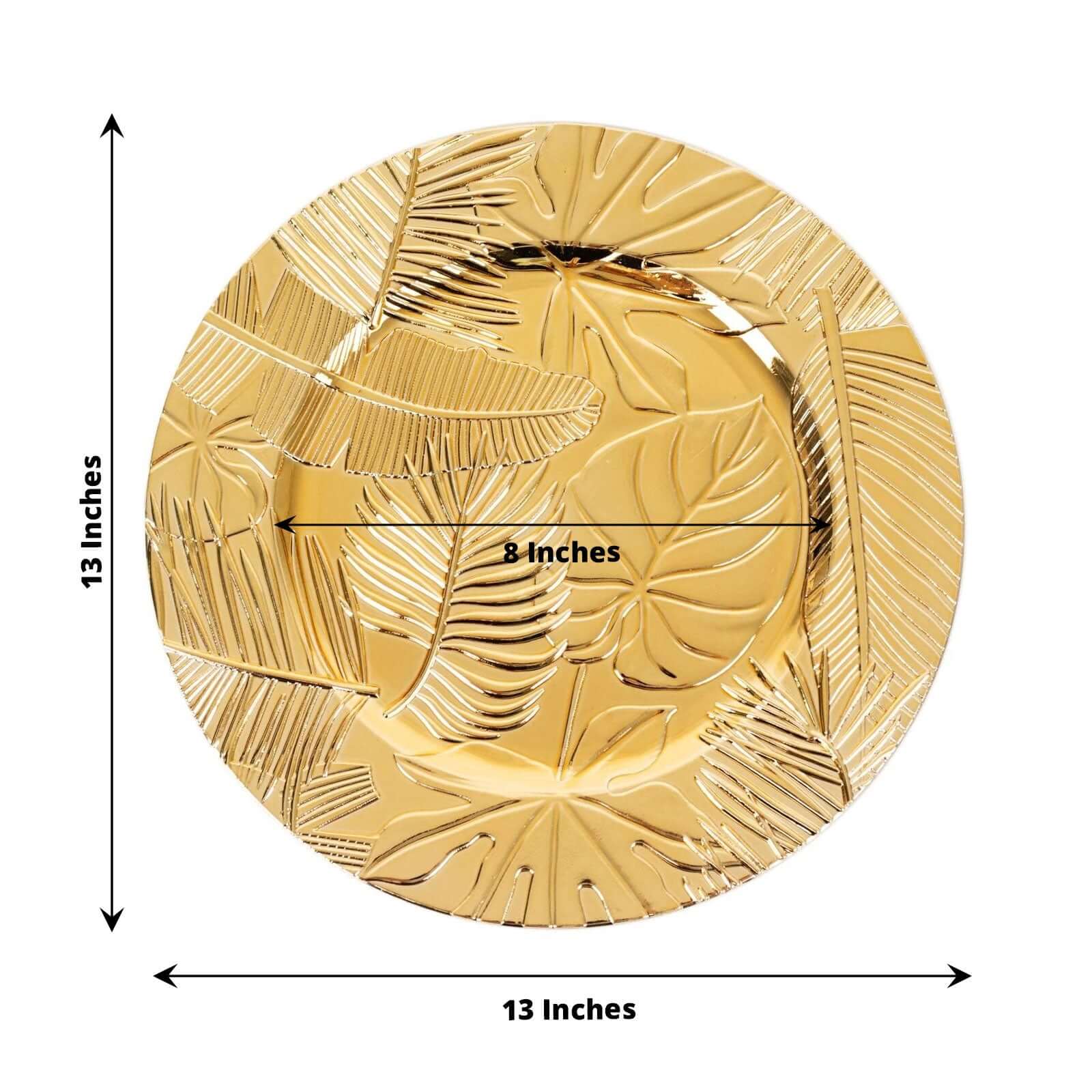 6-Pack Acrylic Round Charger Plates 13 in Metallic Gold with Embossed Tropical Leaves, Decorative Dinner Charger Tableware