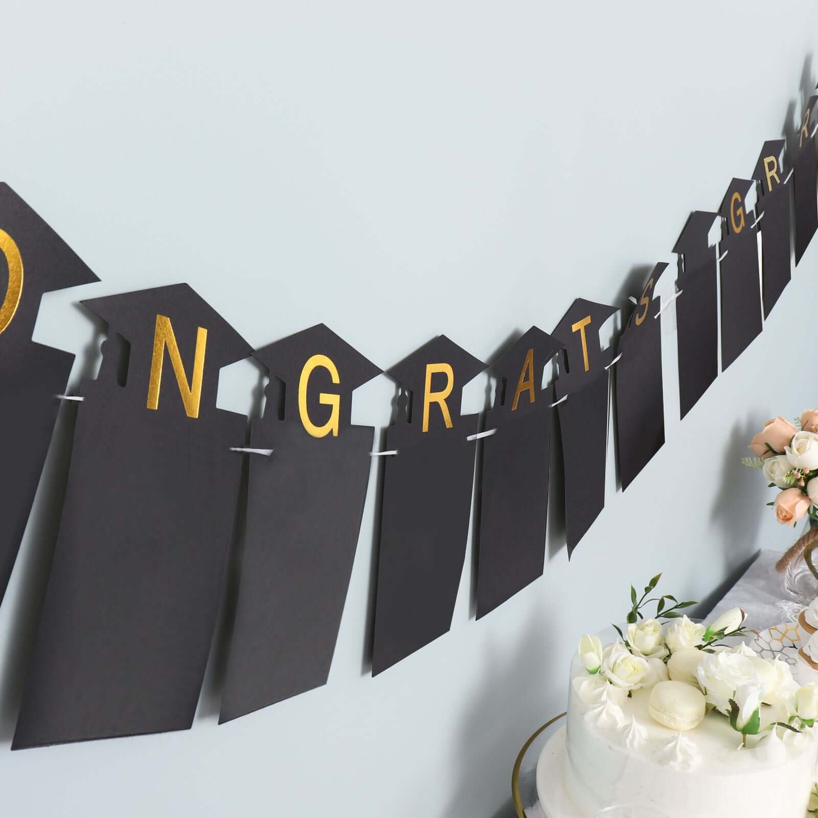 Black and Gold Congrats Grad Paper Photo Backdrop Hanging Garland Banner - 5.5ft