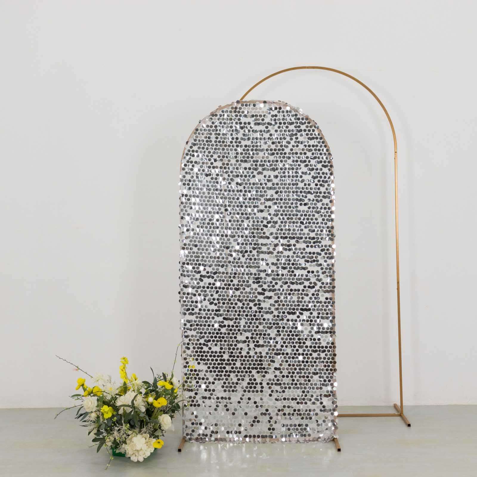 6ft Sparkly Silver Big Payette Sequin Fitted Wedding Arch Cover for Round Top Chiara Backdrop Stand