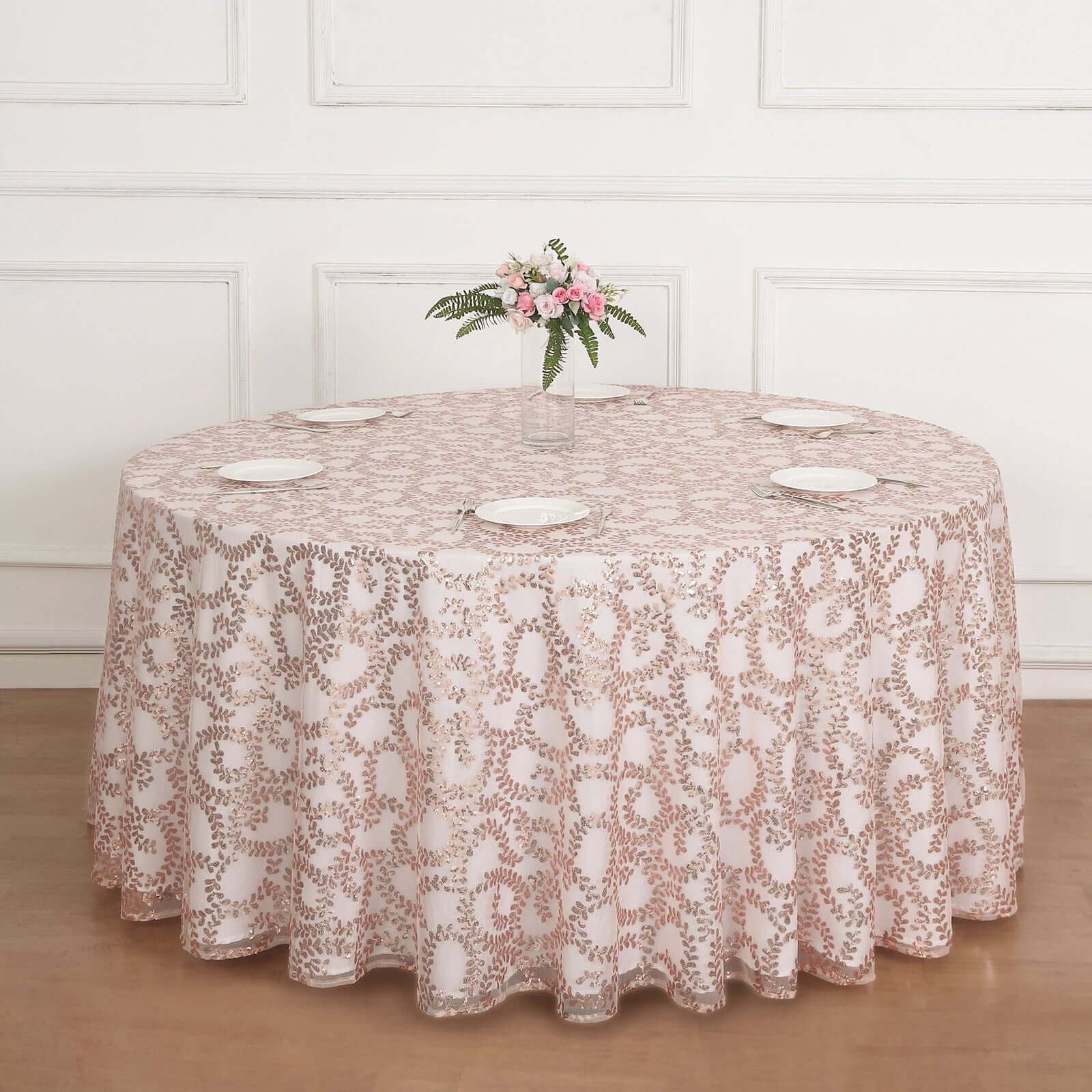 Tulle 120 Round Tablecloth Rose Gold - Seamless Sequin Leaf Embroidered Table Cover