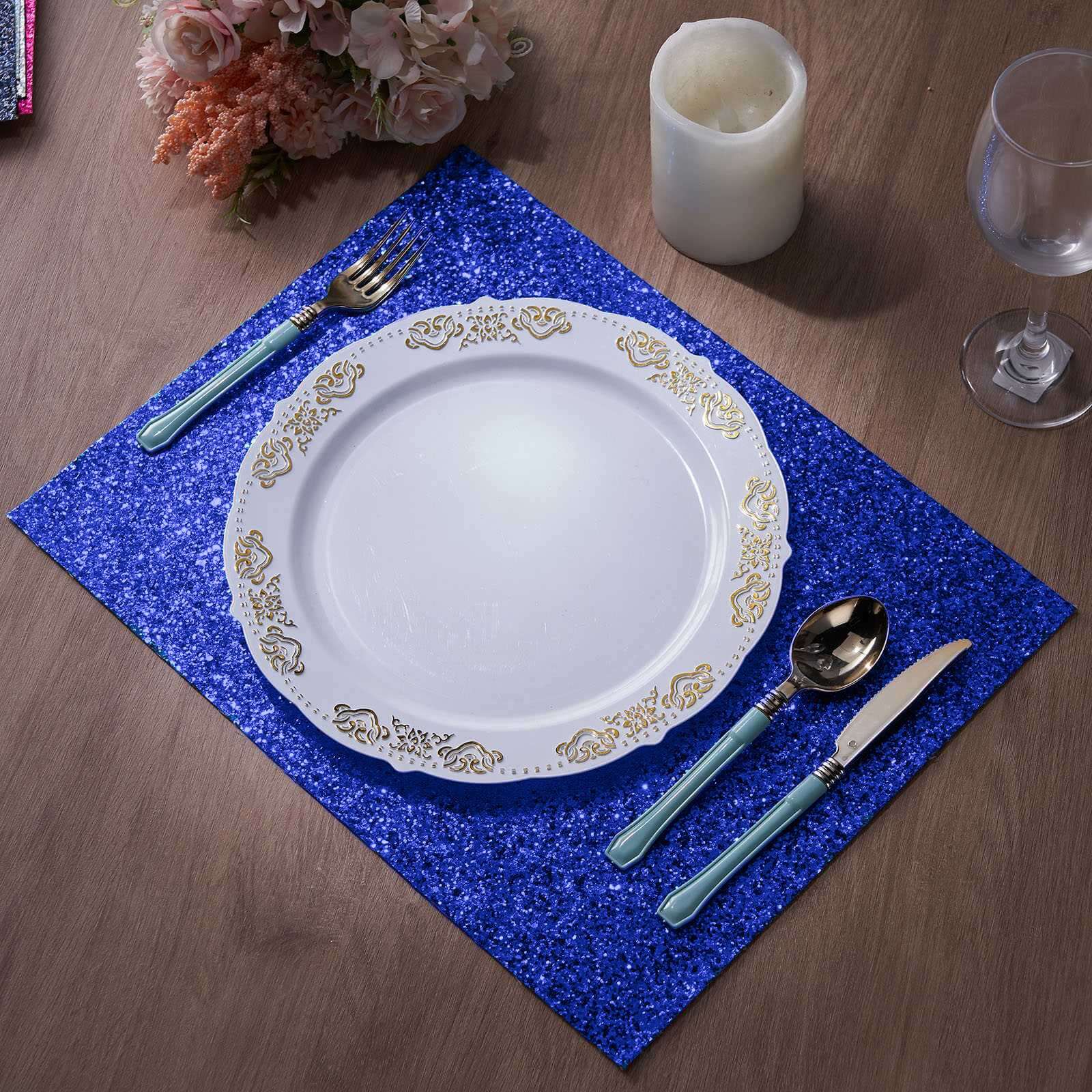 6-Pack Placemats Glitter Design Royal Blue Sparkle Rectangle - Non-Slip Decorative Dining Table Mats 12x18