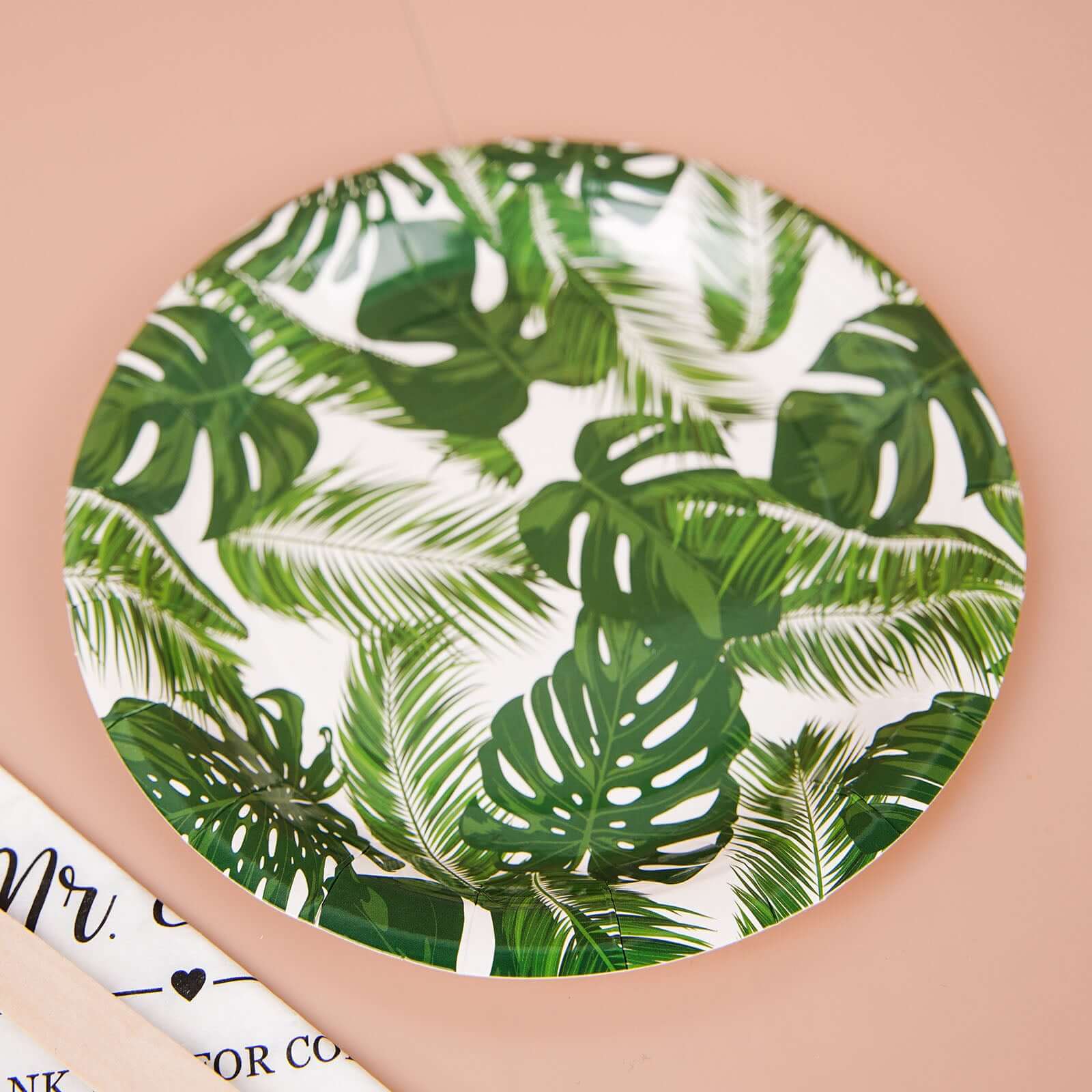 25-Pack Paper 7 Round Dessert Plates in White with Tropical Palm Leaf Design - Disposable 300GSM Appetizer Salad Plates for Boho Chic & Jungle Themed Events