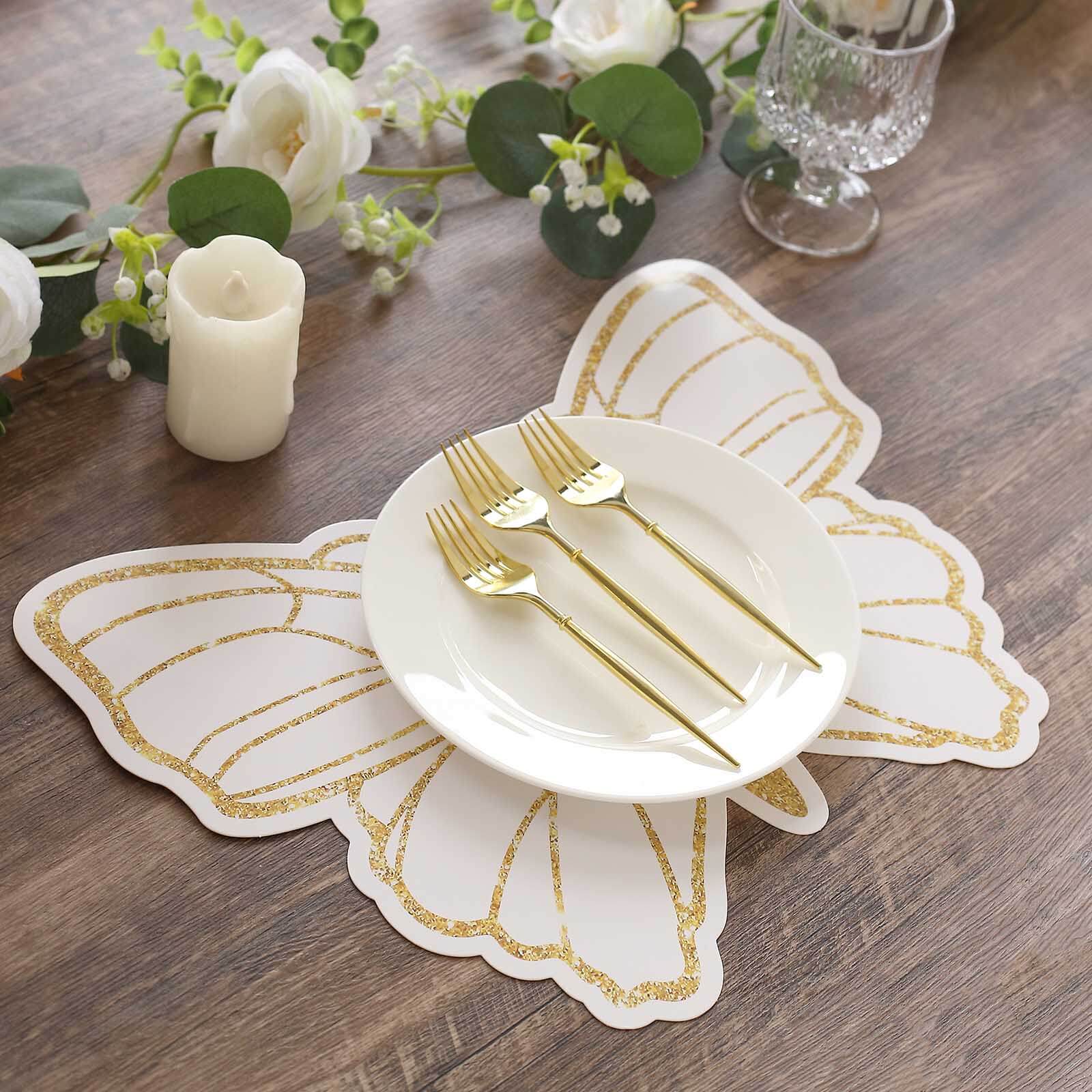 10-Pack Disposable Table Placemats with White Butterfly Design & Gold Glitters - 400GSM Cardboard Placemats for Kids' Parties, Baby Showers & Celebrations 14