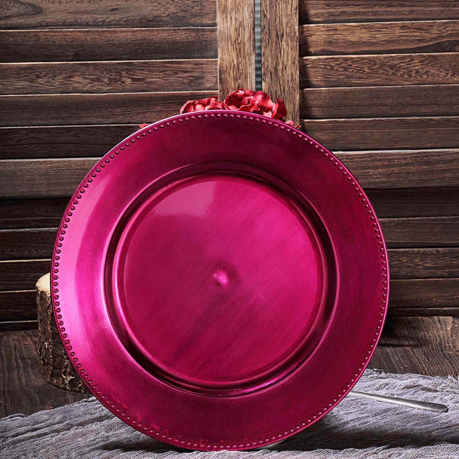 6-Pack Acrylic Round Charger Plates 13 in Hot Pink with Beaded Rim, Dinner Charger Event Tabletop Decor