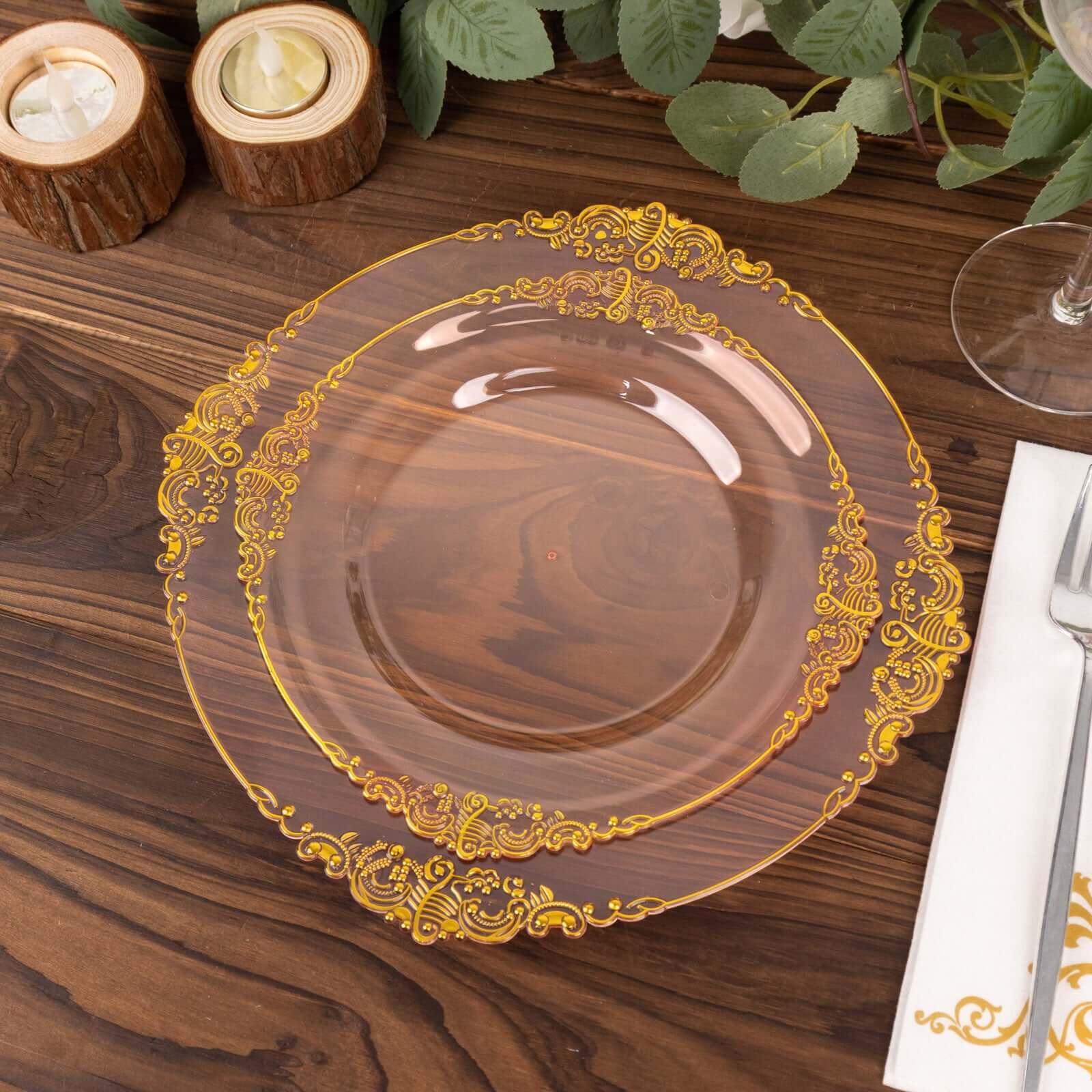 10-Pack Plastic 8 Round Dessert Plates in Transparent Blush with Gold Leaf Embossed Rim - Disposable Vintage Baroque Style Salad Plates