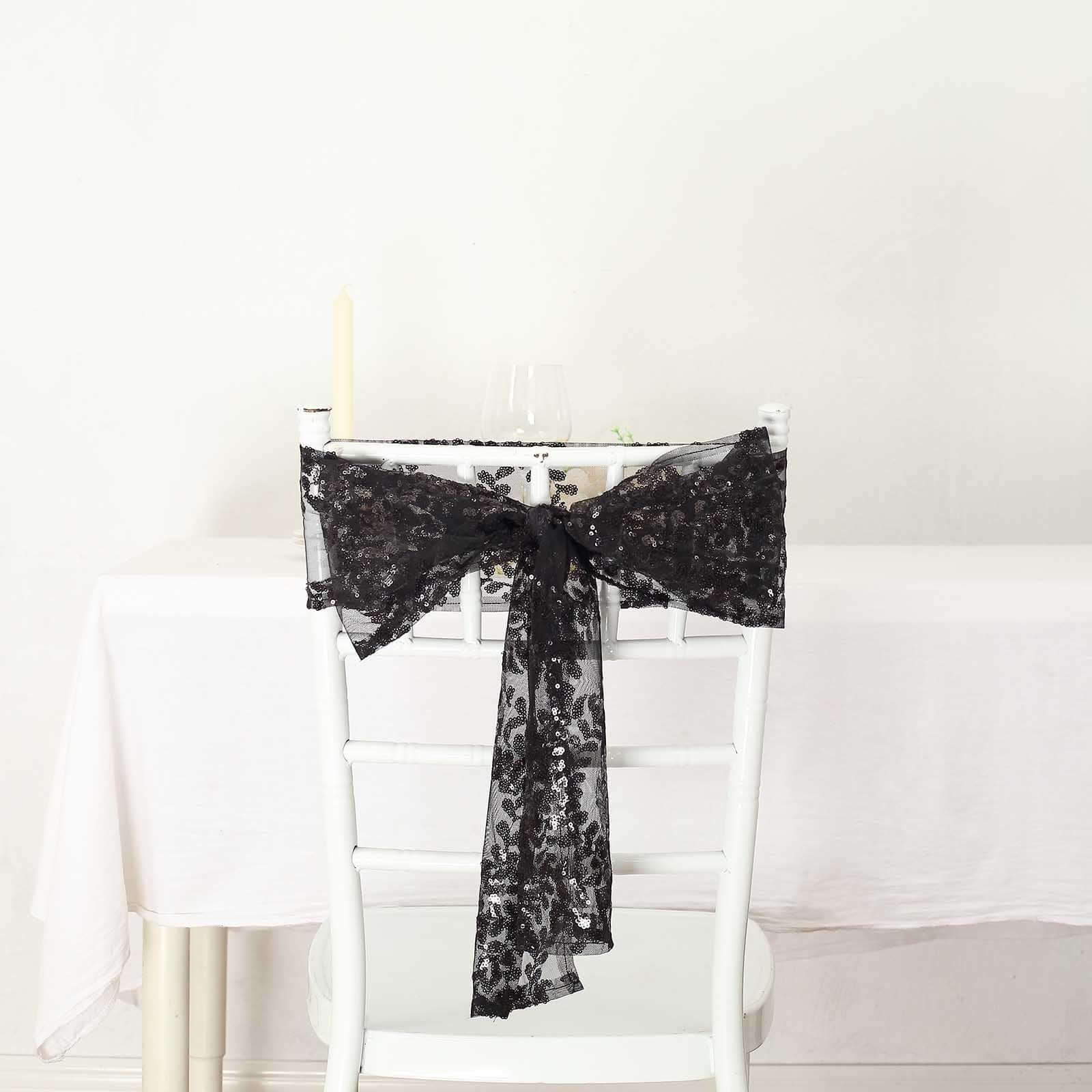 5 Pack Tulle Chair Sashes with Leaf Vine Embroidered Sequins Black 6x88