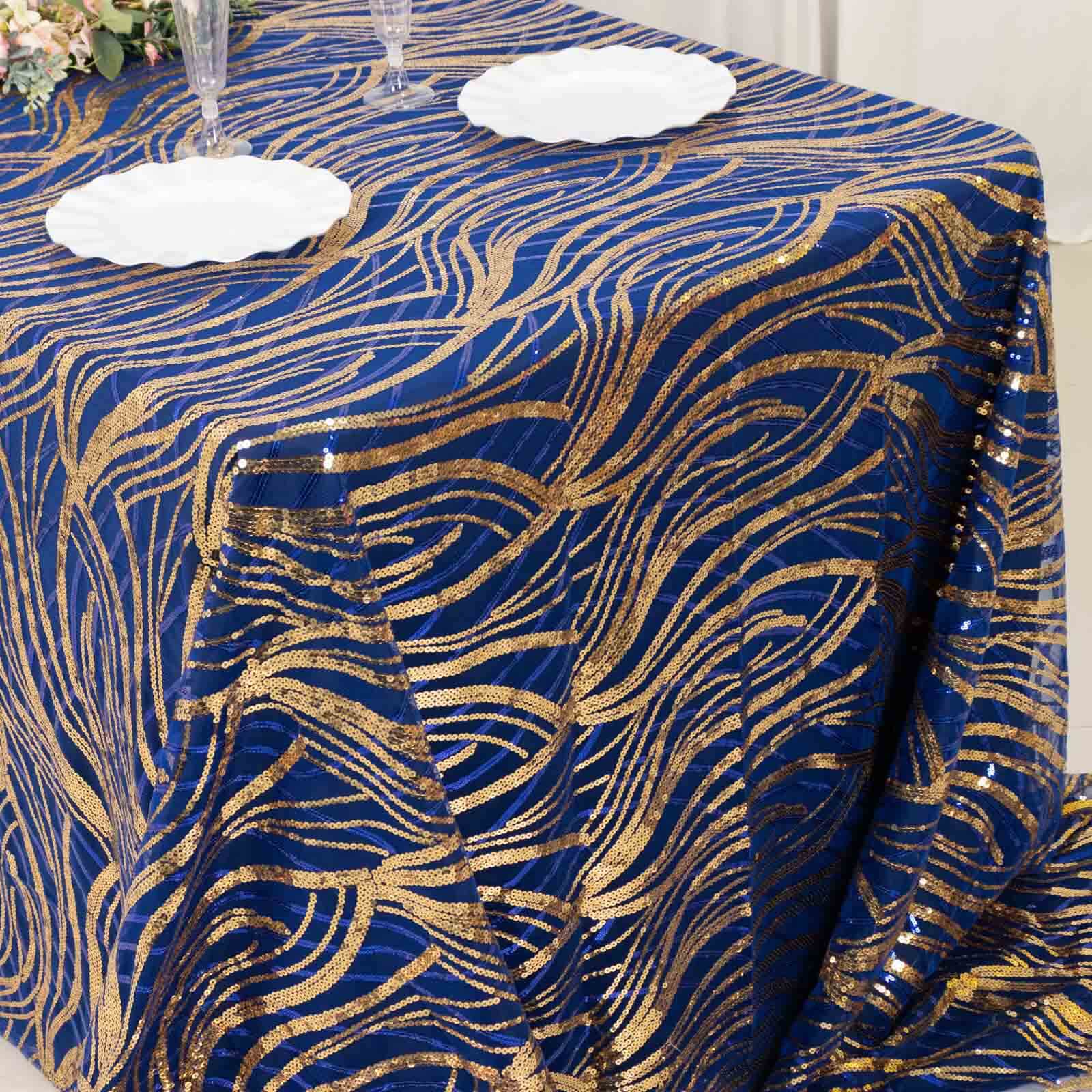 Mesh 90x156 Rectangle Tablecloth Royal Blue/Gold - Wave Sequin Embroidered Table Cover