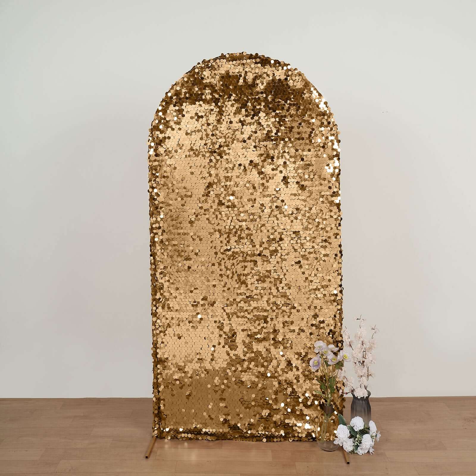 7ft Sparkly Gold Double Sided Big Payette Sequin Chiara Backdrop Stand Cover For Fitted Round Top Wedding Arch