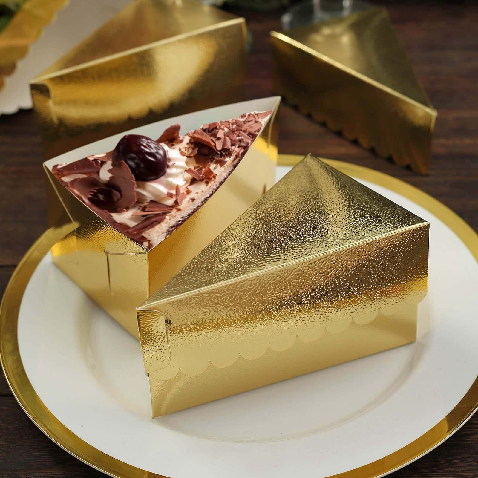 10-Pack Cardstock Triangle Cake Slice Boxes Metallic Gold with Scalloped Top - Decorative Takeaway Dessert Containers for Pie Snacks & Party Favors 5x3