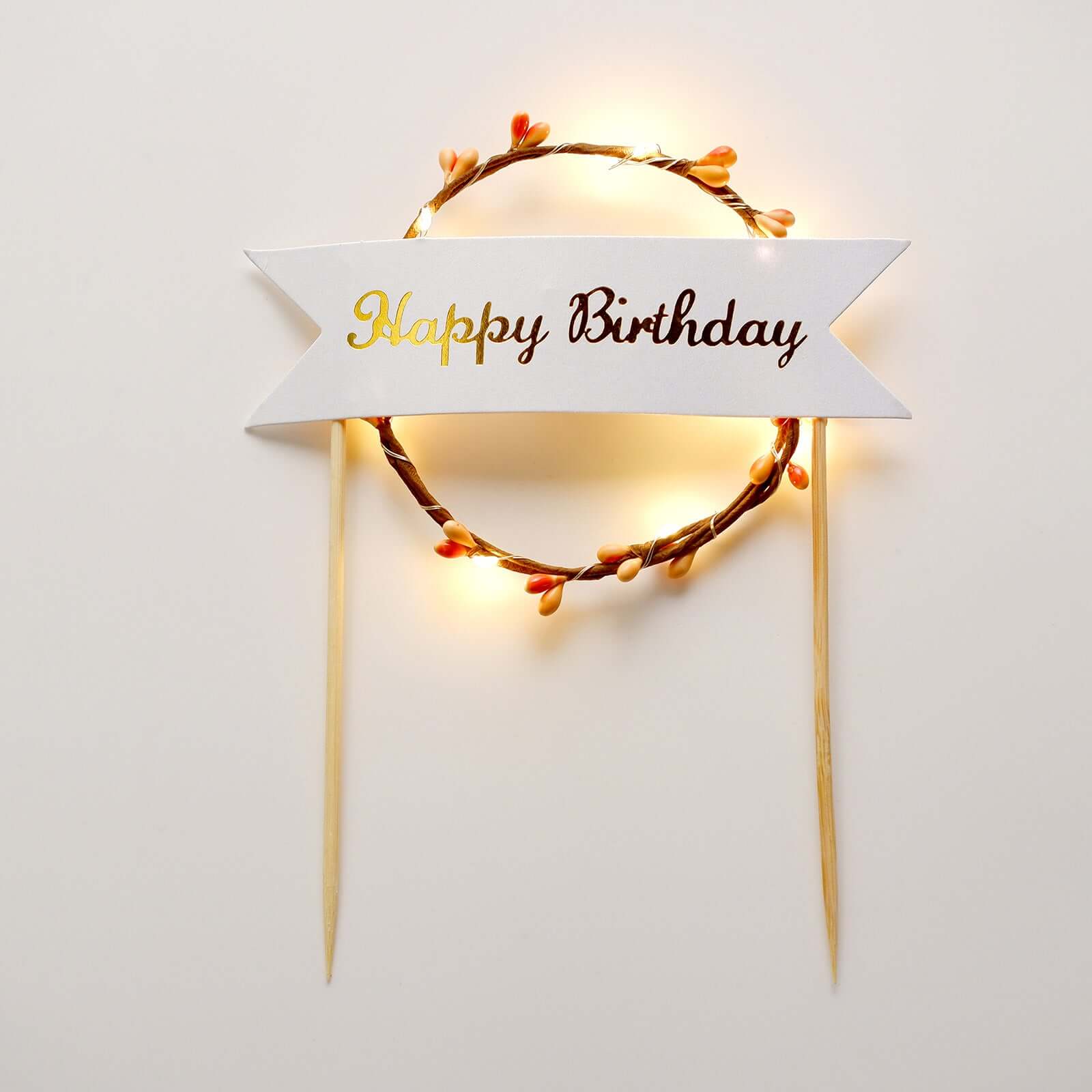 Light Up Happy Birthday Cake Topper Warm White LED - Luminous Blinking Mini Wreath Cake Decoration for Glamorous Birthday Parties & Events