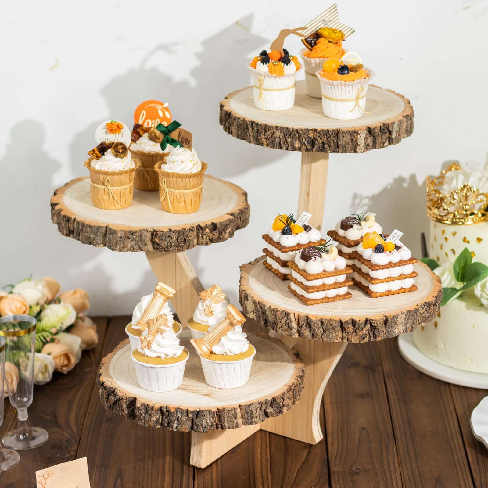 4-Tier Wooden Cupcake Stand Farmhouse Style Natural Wood Slice Design - Rustic Dessert Display Cake Holder 15 Tall