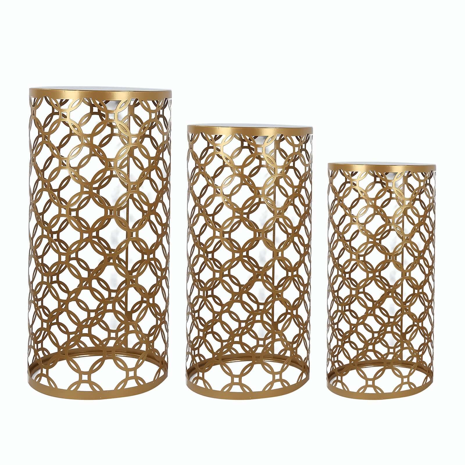 Set of 3 Gold Metal Cylinder Pillar Cake Display Stands, Round Mesh Plinth Pedestal Stand in Hollow Overlapping Circles Pattern - 22,24,30