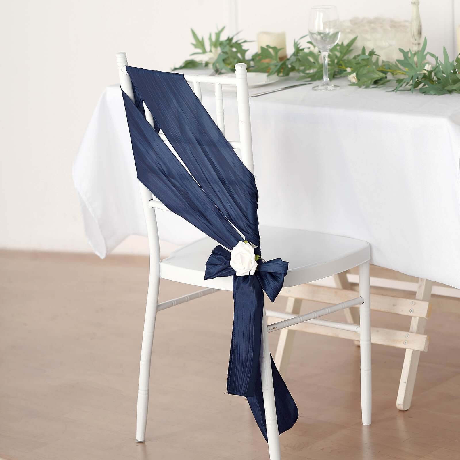 5 Pack Taffeta 6x106 Chair Sashes Navy Blue Accordion Crinkle Texture - Stylish Decor for Weddings & Gatherings