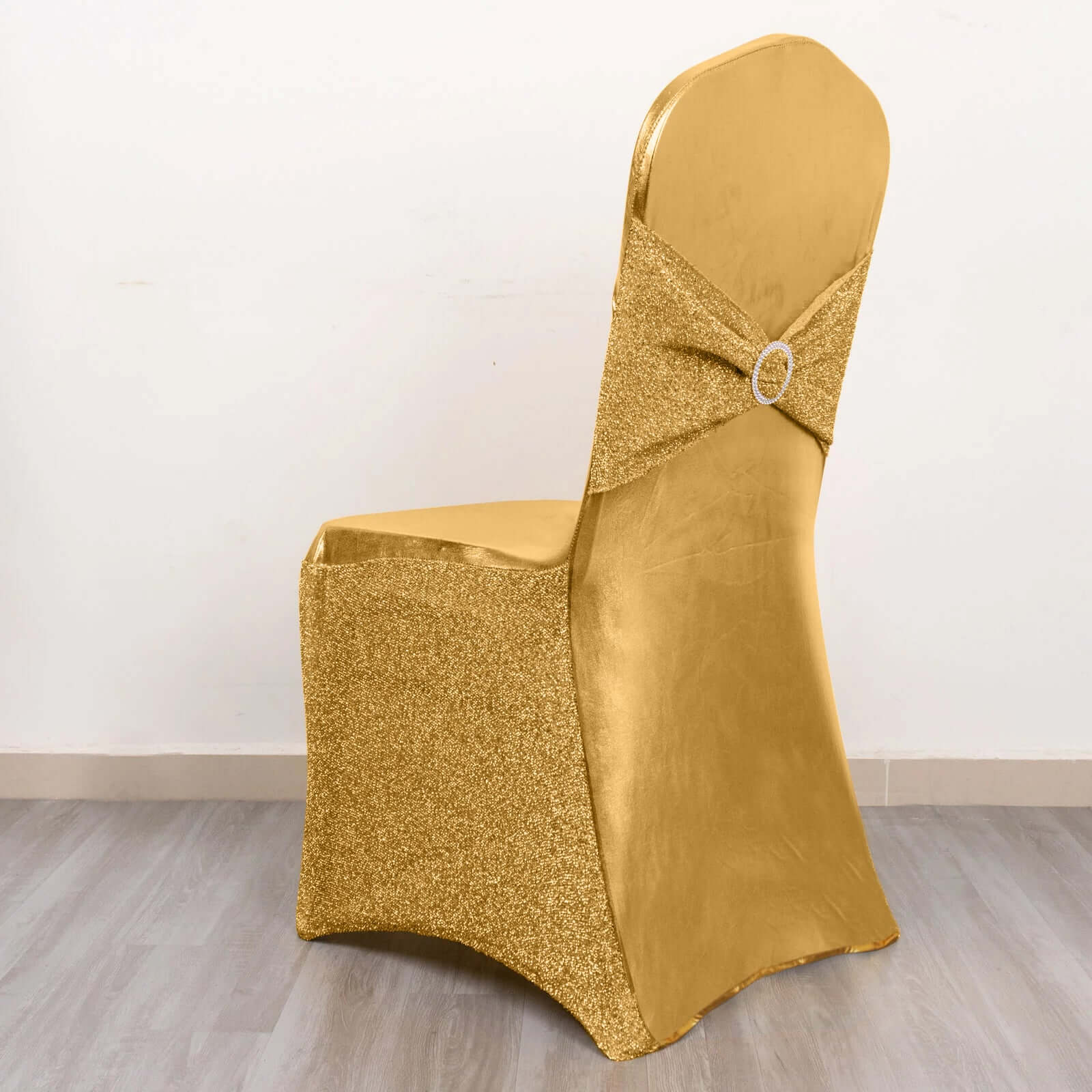 Spandex Banquet Chair Cover Metallic Gold Tinsel with Sash and Rhinestone Buckle - Luxe Shimmering Fitted Slipcover for Events