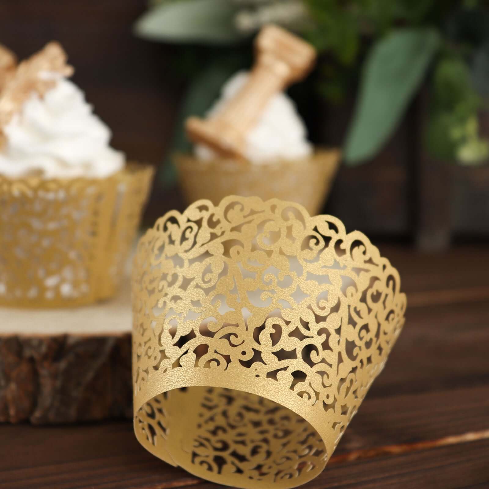 25-Pack Paper Cupcake Wrappers Lace Laser Cut Design Gold - Muffin Baking Cup Trays for Events