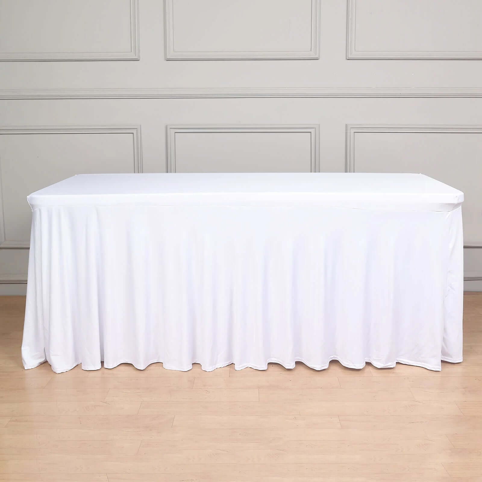 Spandex Rectangle 72x30 Table Skirt White with Wavy Skirt-Like Effect Stylish Table Cover for Weddings, Banquets & Trade Shows