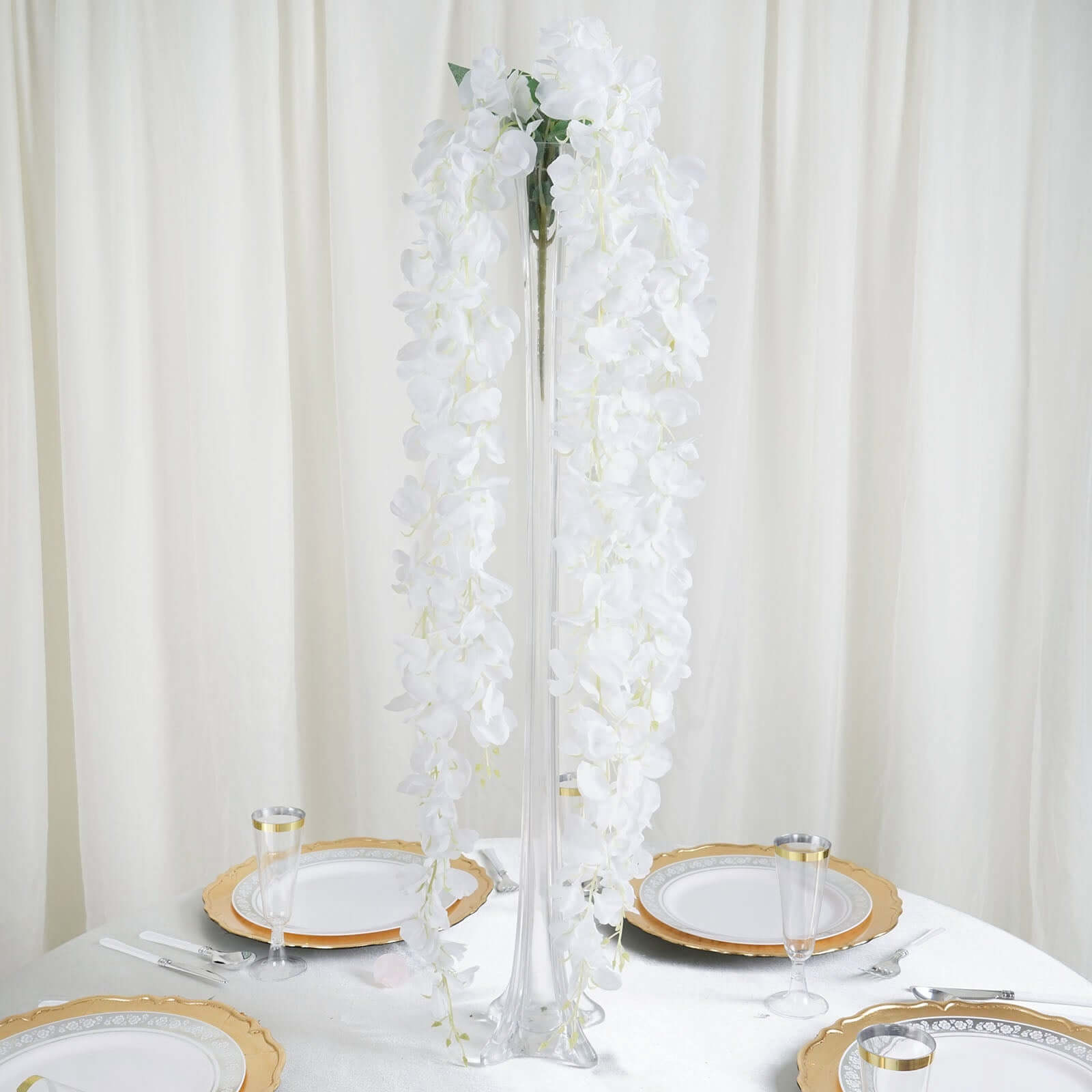 42 Silk Hanging Wisteria Flower Garland Vines in White, Elaborated 5 Full Strands in 1 Bush