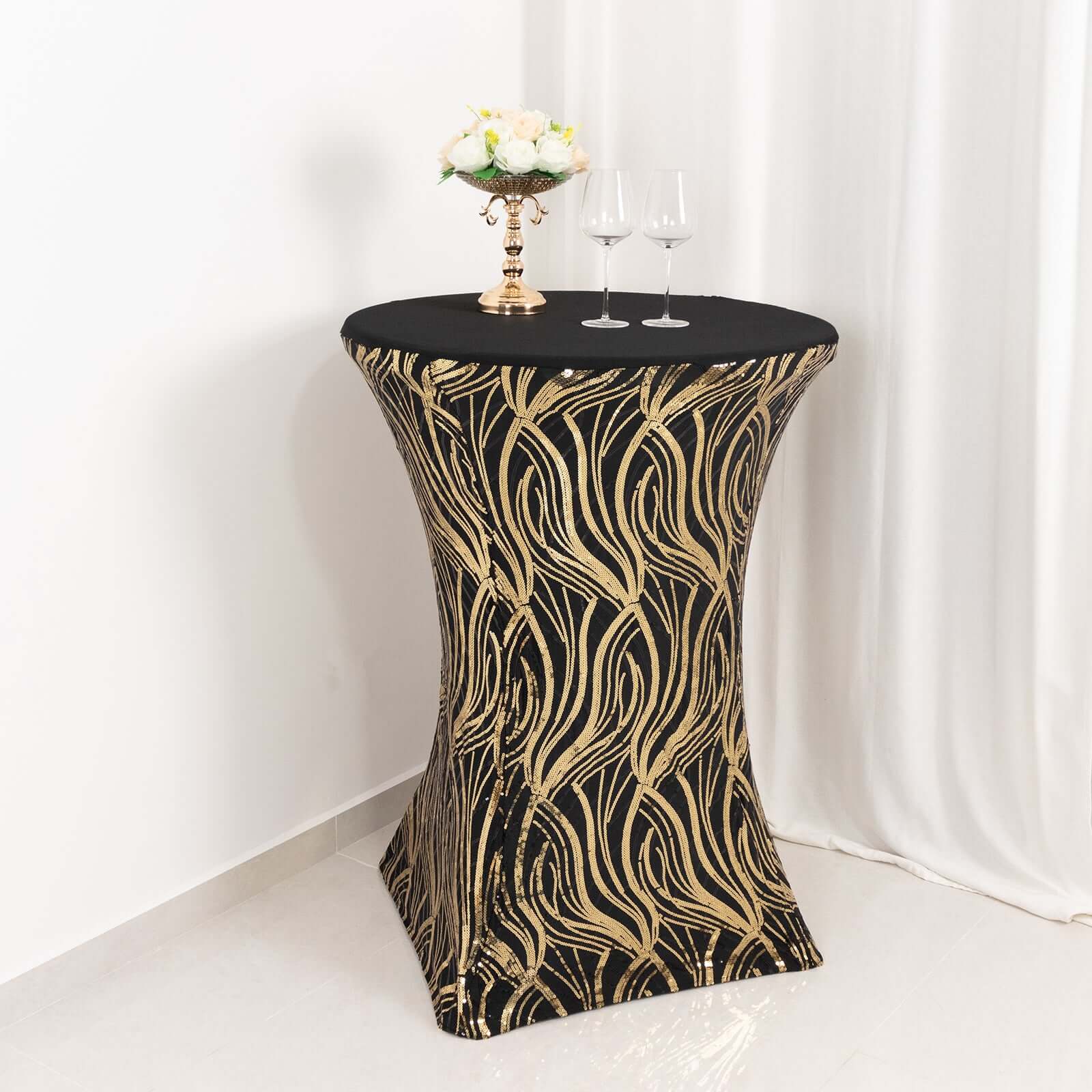 Spandex 32 Round Cocktail Table Cover Black/Gold with Wave Embroidered Sequins - Glamorous Design for Upscale Events