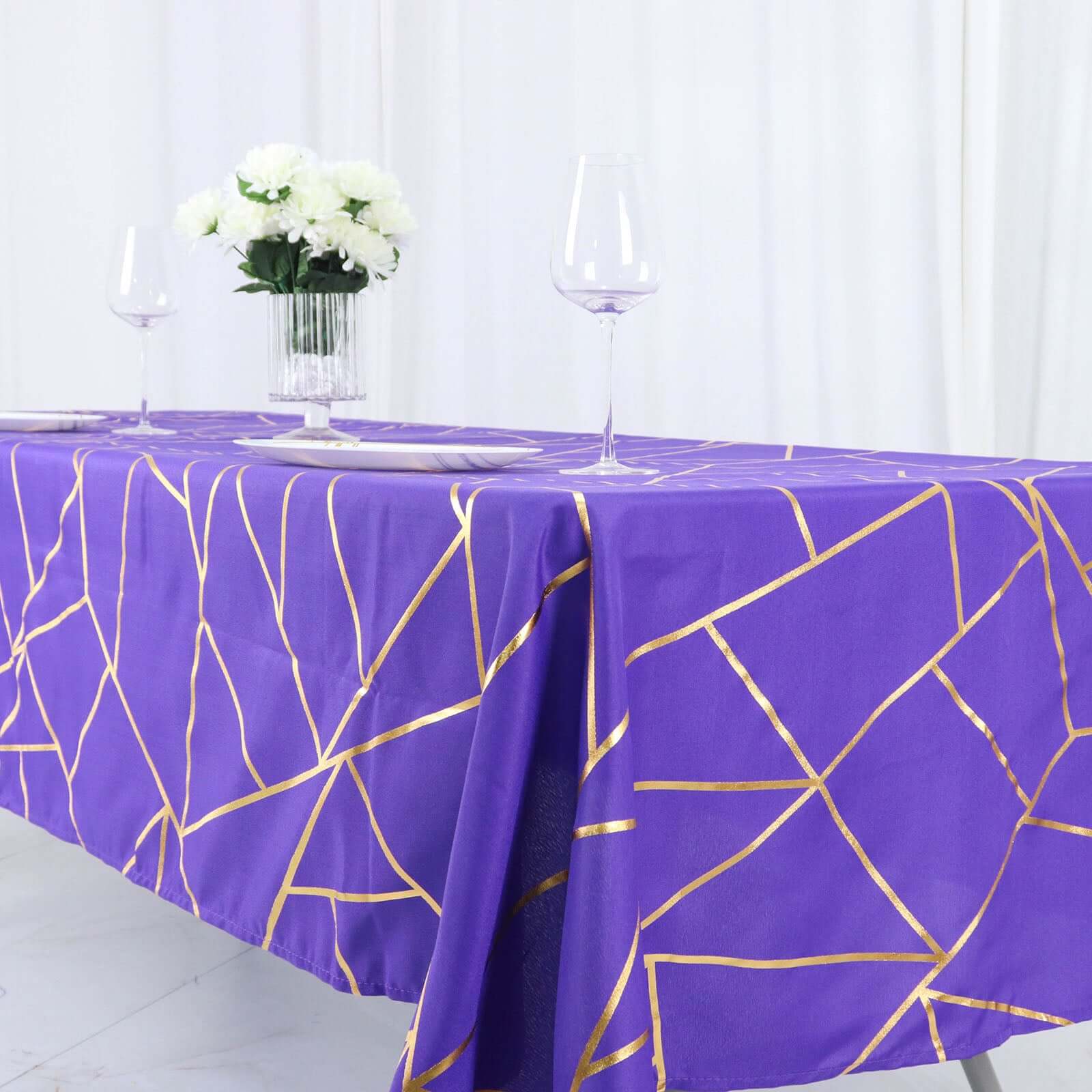 Polyester 60x102 Rectangle Tablecloth Purple with Gold Foil Geometric Pattern - Wrinkle-Resistant & Durable Table Cover