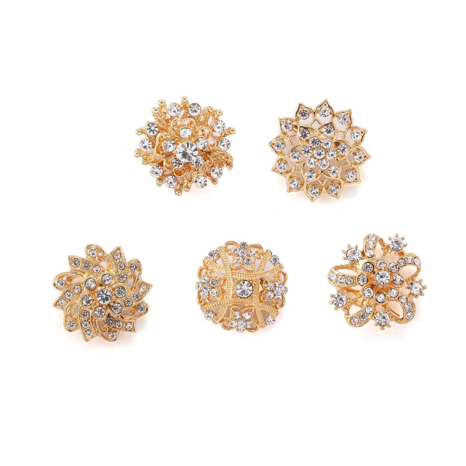 5 Pack Rhinestone Brooches Gold Plated with Mandala Crystal - Gleaming Floral Sash Pins for Wedding Bouquets & Events