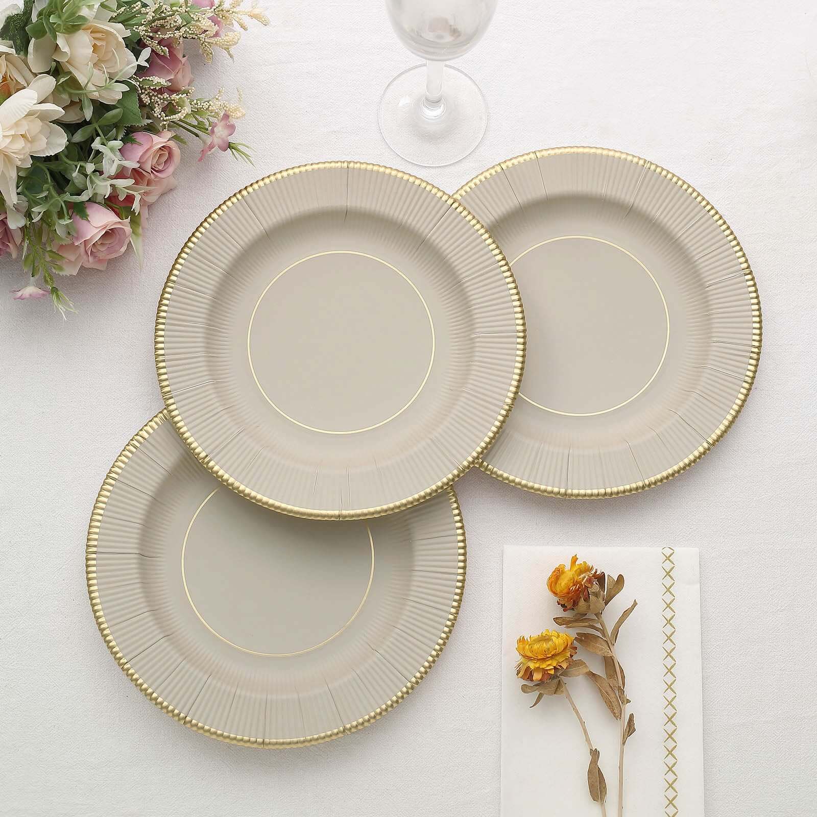 25-Pack Paper 8 Round Dessert Plates in Taupe Sunray Design with Gold Rim - Disposable Heavy Duty 350GSM Appetizer Salad Plates