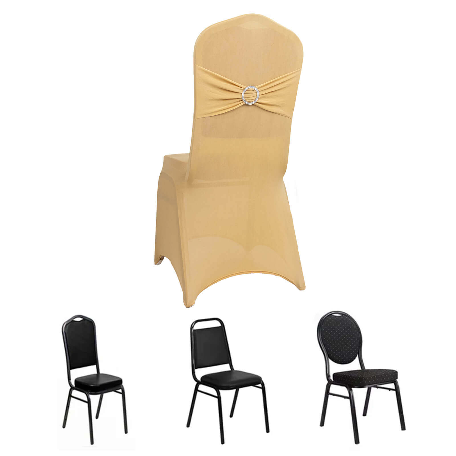 Spandex Chair Cover with Champagne Rhinestone Buckled Sash Band Blush - Stretch Fitted Slipcover