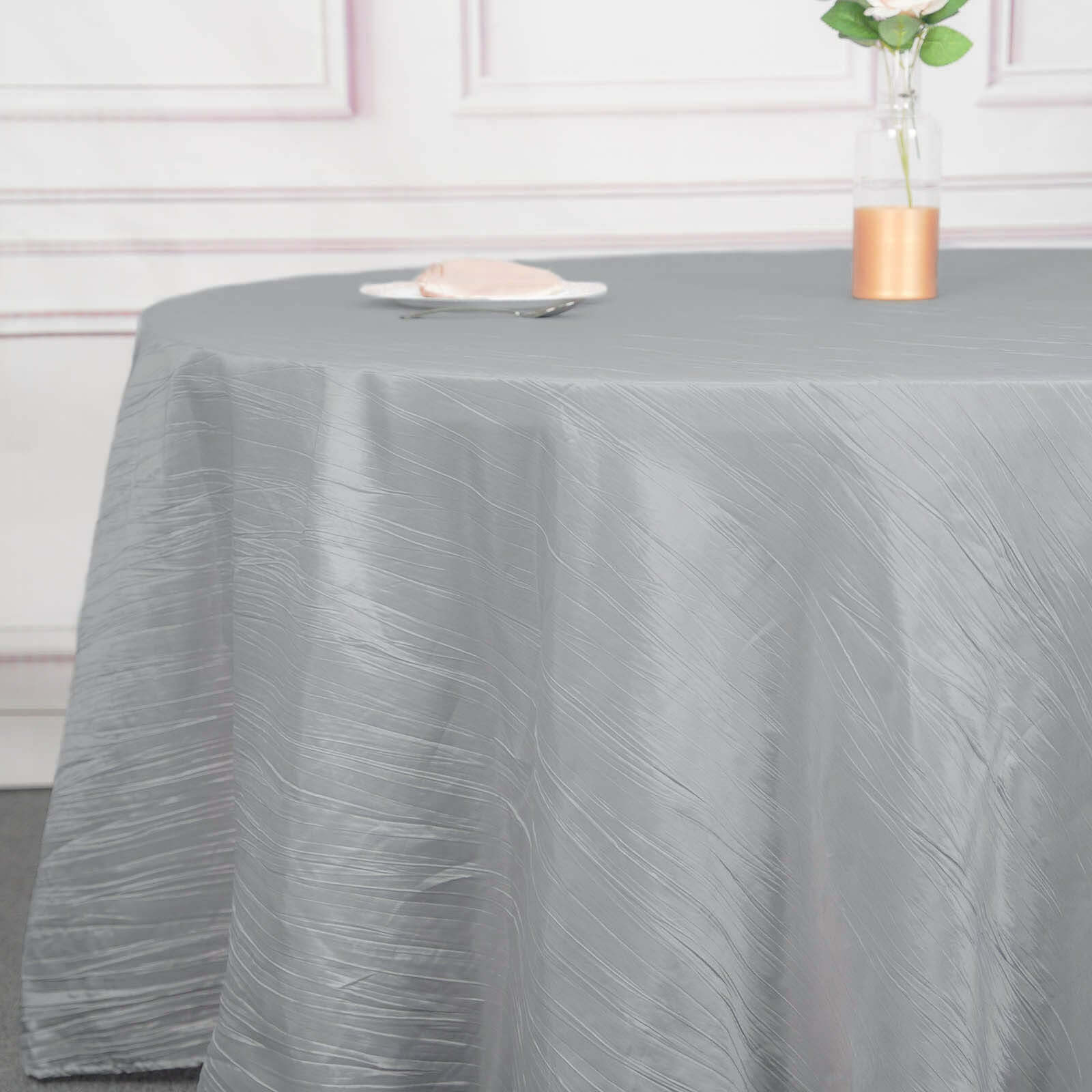 Taffeta 120 Round Tablecloth Silver - Seamless Accordion Crinkle Table Cover