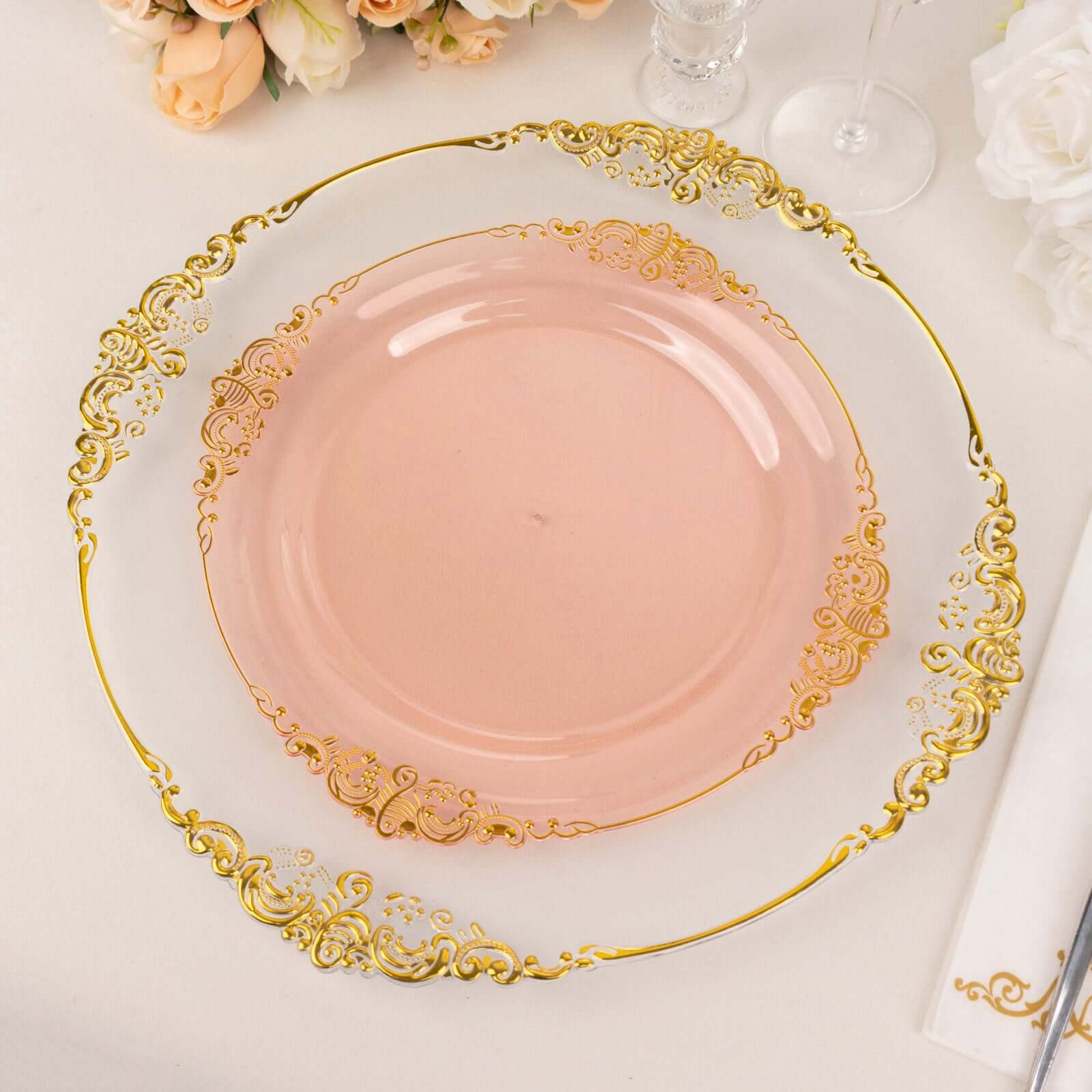 10-Pack Plastic 10 Round Dinner Plates in Transparent Blush with Gold Leaf Embossed Rim - Disposable Vintage Baroque Style Plates