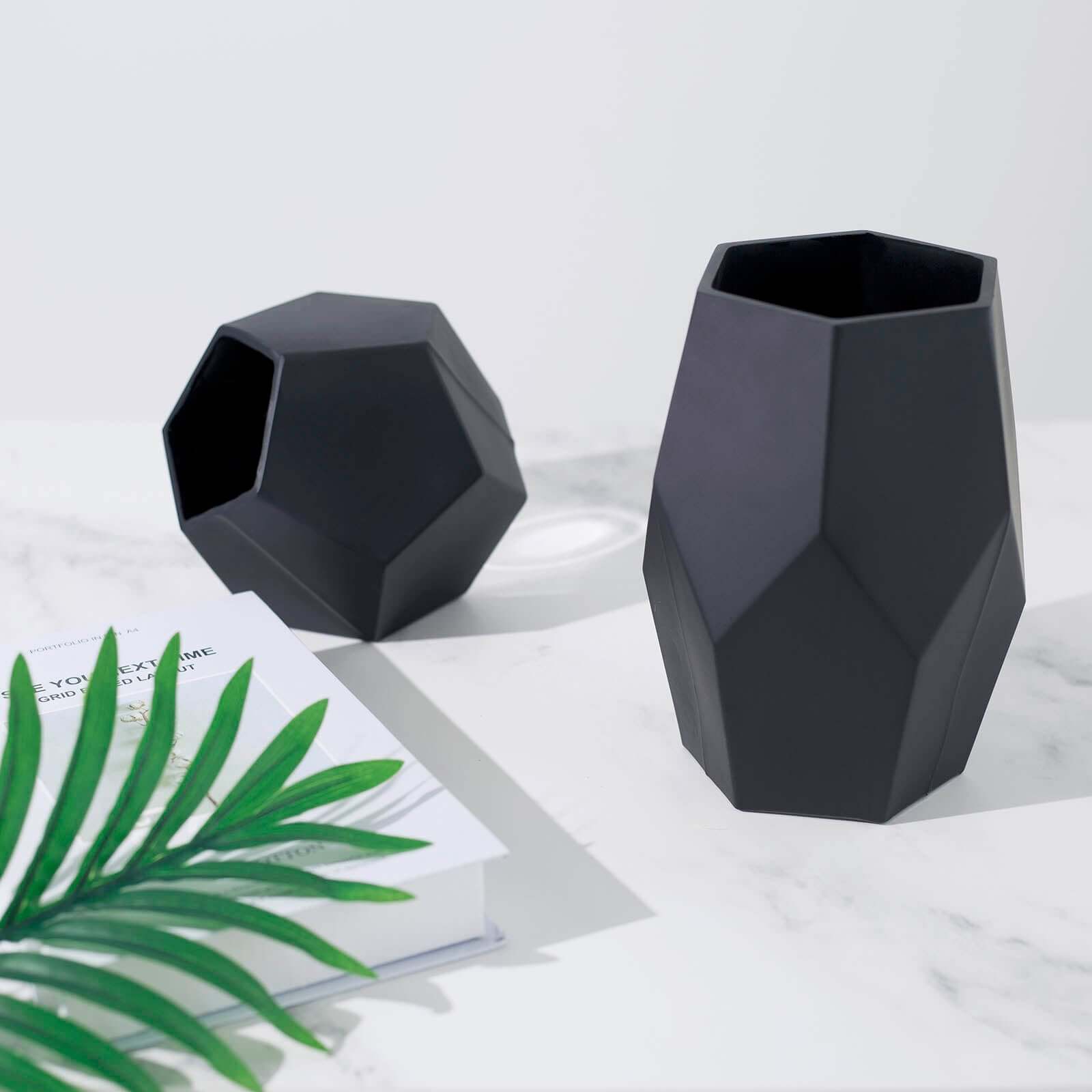 Set of 2 Glass Flower Vases Geometric Design Matte Black - Stylish Modern Candle Holder Centerpieces 5, 8