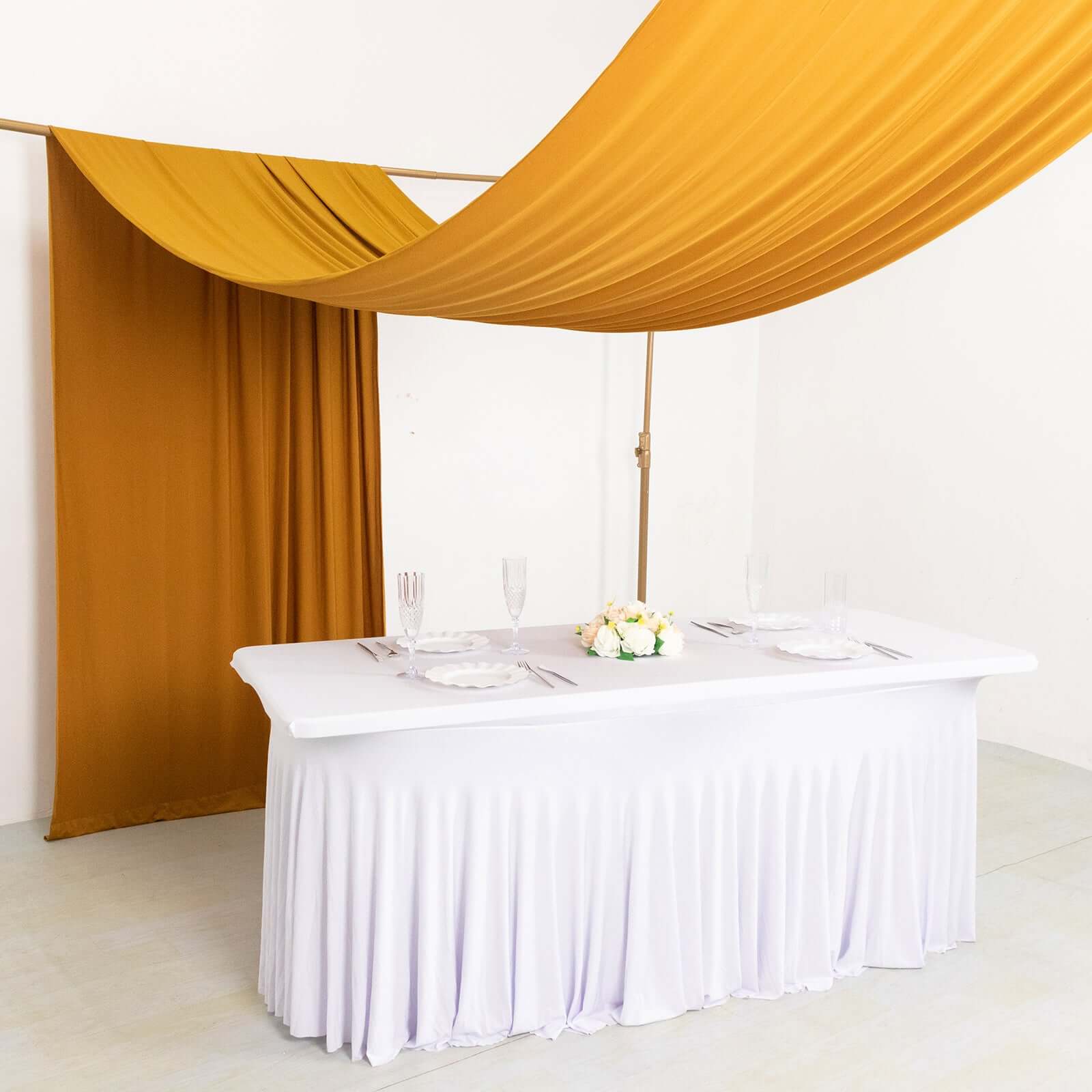 Gold 4-Way Stretch Spandex Event Curtain Drapes, Wrinkle Free Backdrop Event Panel with Rod Pockets - 5ftx18ft