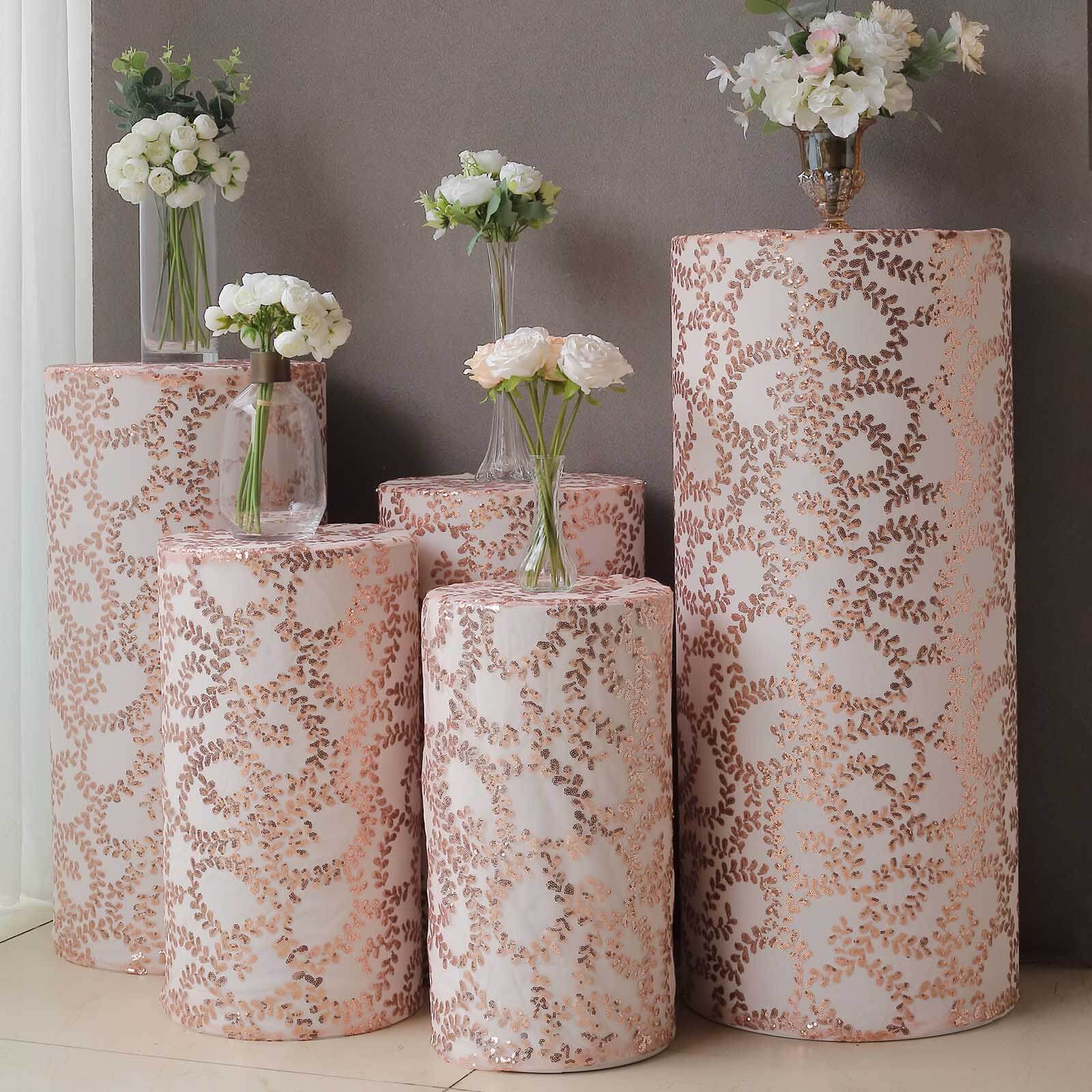 Set of 5 Rose Gold Sequin Mesh Cylinder Pedestal Stand Covers with Leaf Vine Embroidery, Sparkly Sheer Tulle Pillar Prop Covers