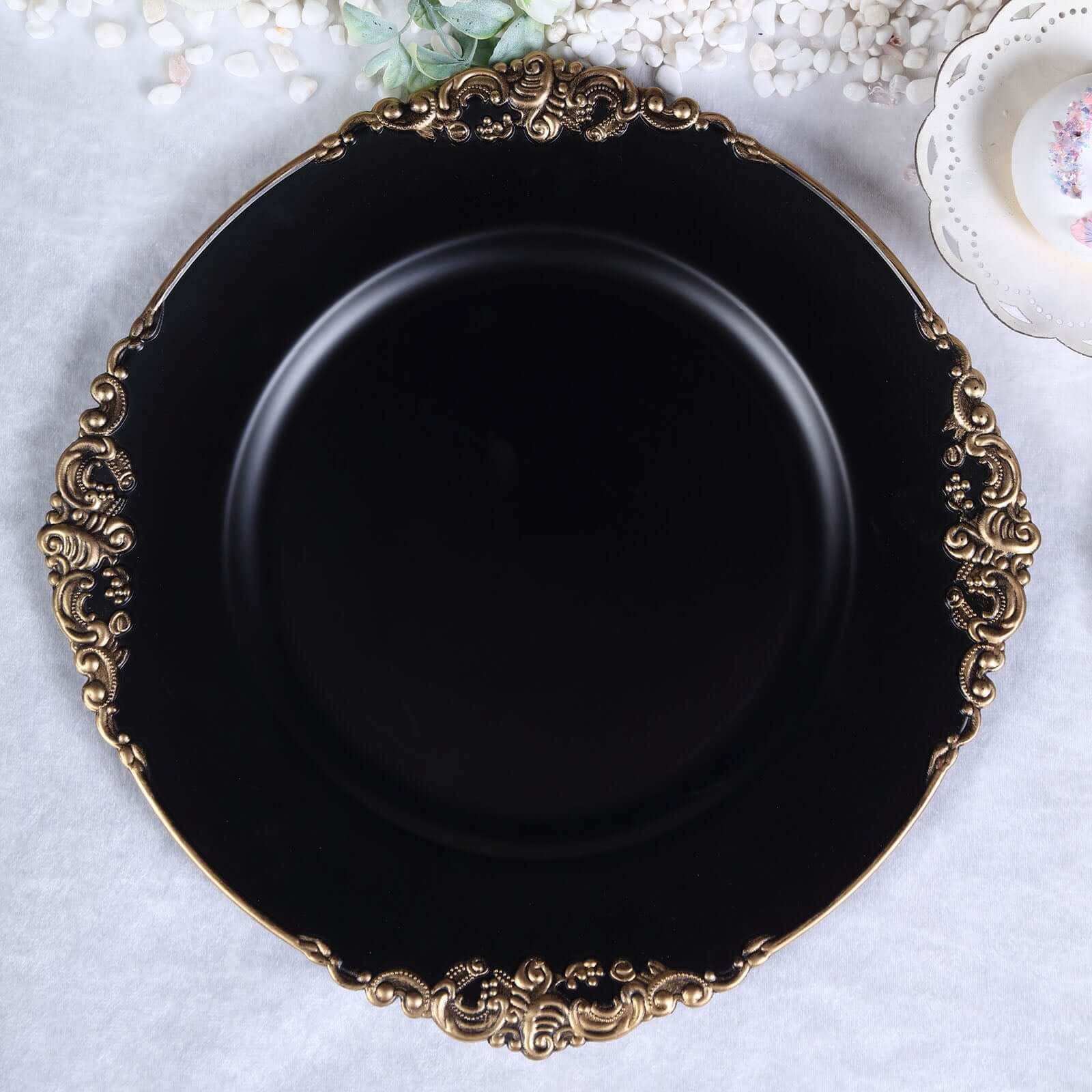 6-Pack Acrylic Round Charger Plates 13 in Matte Black with Gold Embossed Baroque Rim, Antique Decorative Dinner Party Charger Tableware