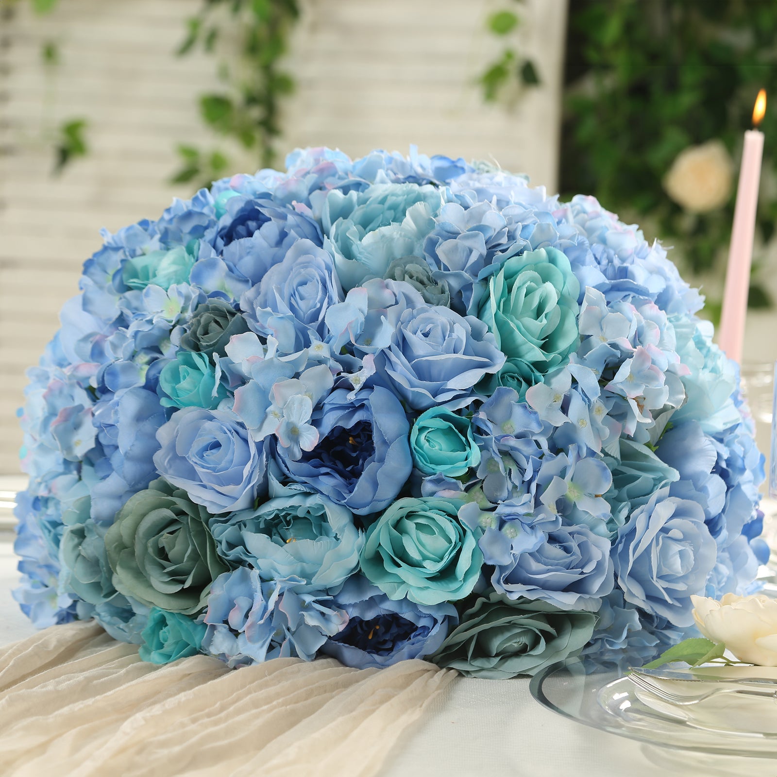 Pre-Arranged Silk Rose Bouquet Floral Arrangement Table Decor, Large Blue Artificial Rose Flower Balls Wedding Centerpieces - 20