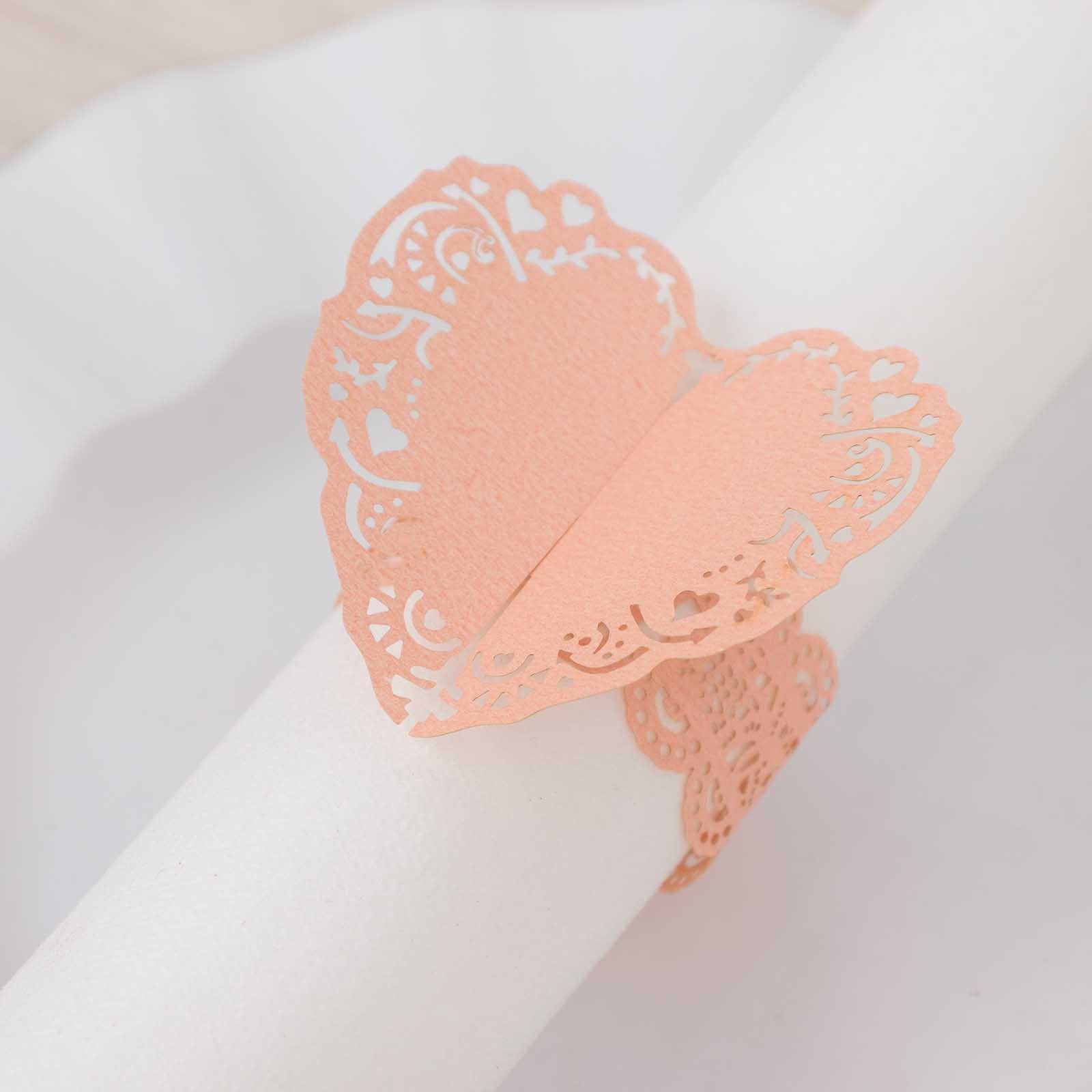 12 Pack Blush Shimmery Laser Cut Heart Paper Napkin Holders with Lace Pattern, Disposable Napkin Rings Bands