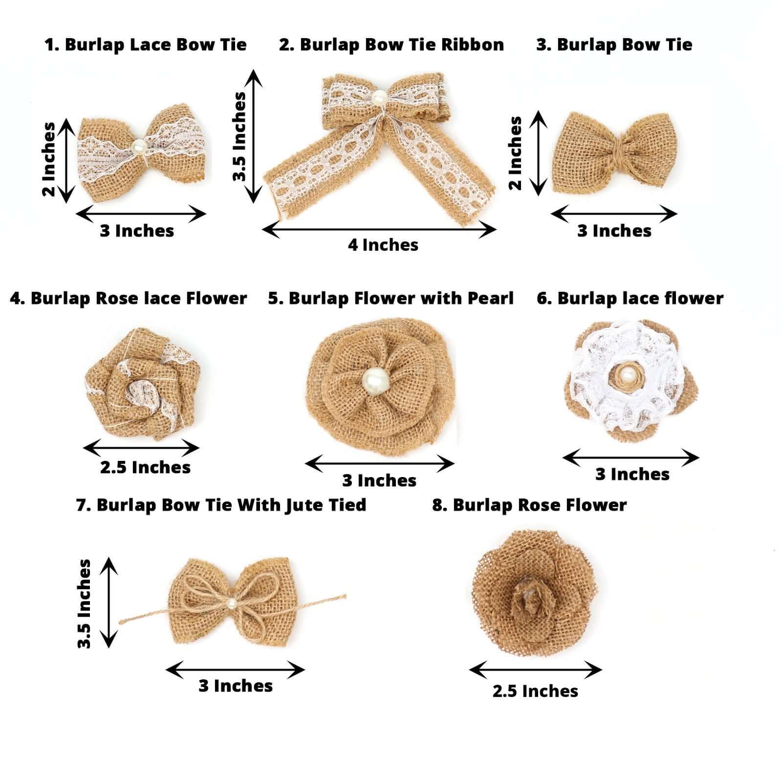 24 Pcs Natural Burlap Flower and Bows Set w Lace Ribbon Craft Supplies, DIY Jute Stick On Ribbon and Bows, 30 Sticker Dots Included, 8 Assorted Styles