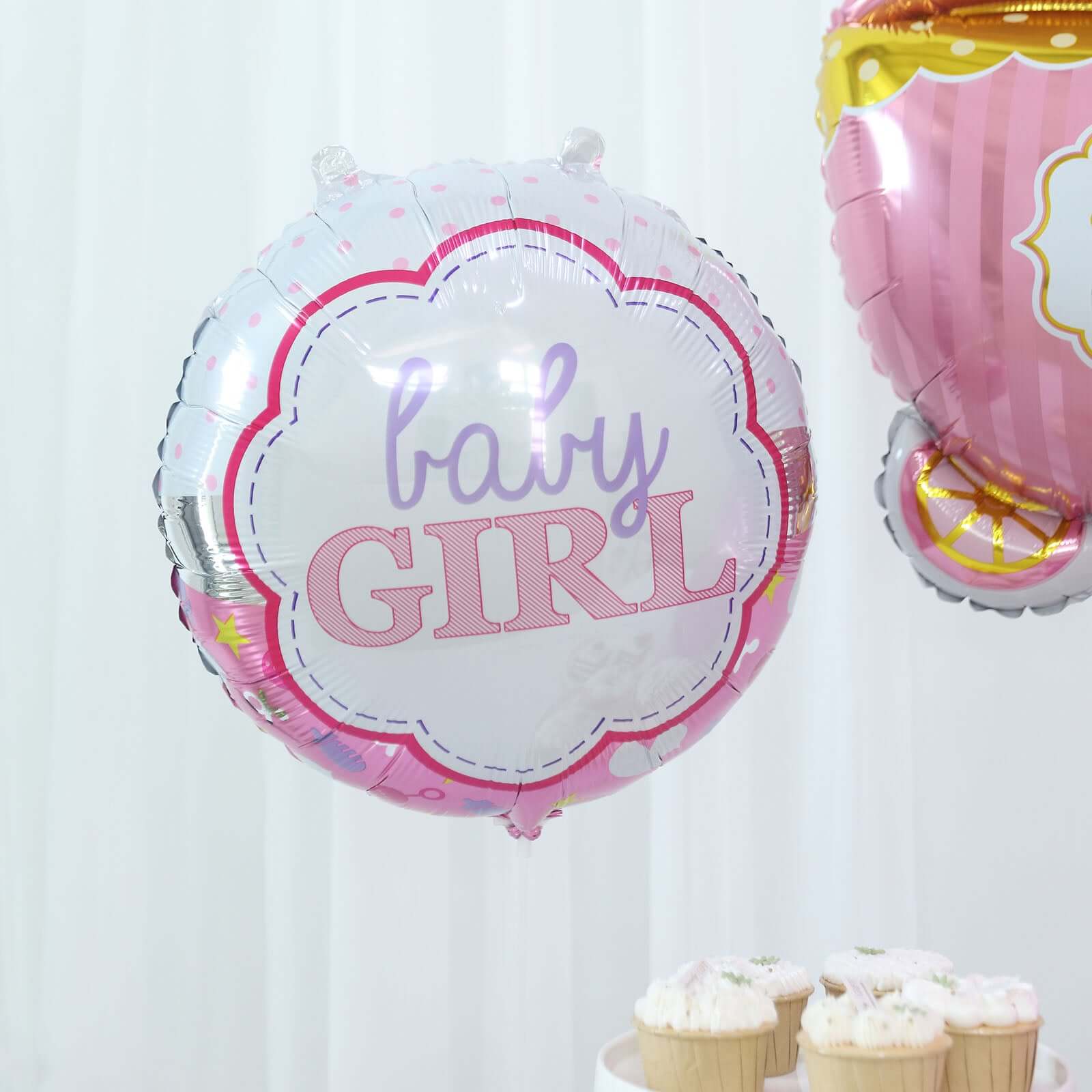 Set of 5 Pink White Girl Baby Shower Mylar Foil Balloon Set, Heart, Round and Baby Carriage Balloon Bouquet With Ribbon, Gender Reveal Party Decorations