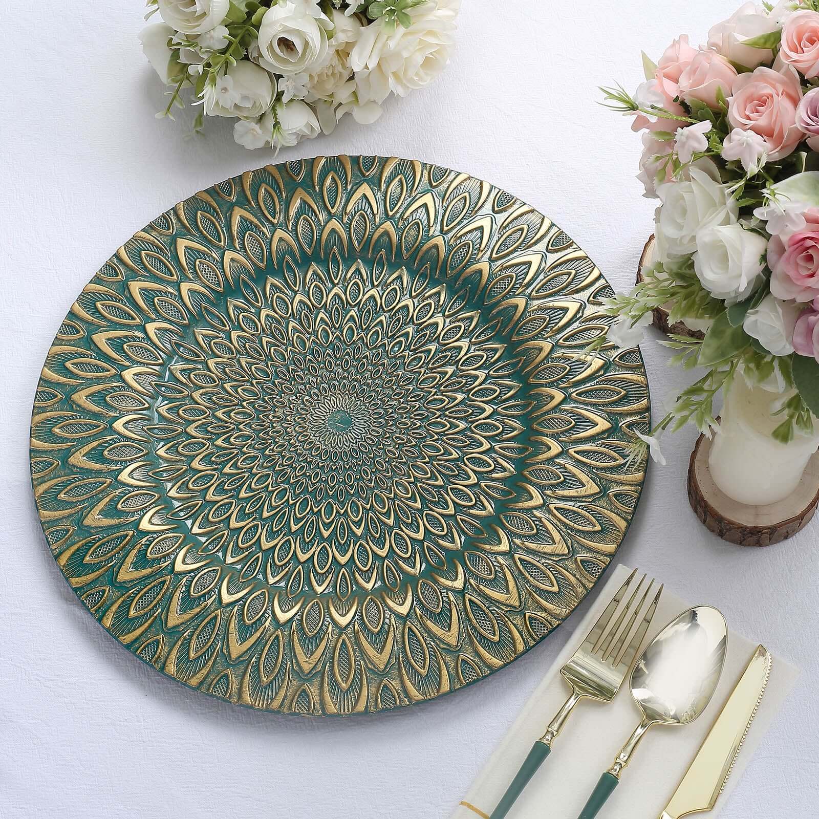 6-Pack Plastic Round Charger Plates 13 in Teal with Gold Embossed Peacock Pattern, Stylish Disposable Charger Tableware