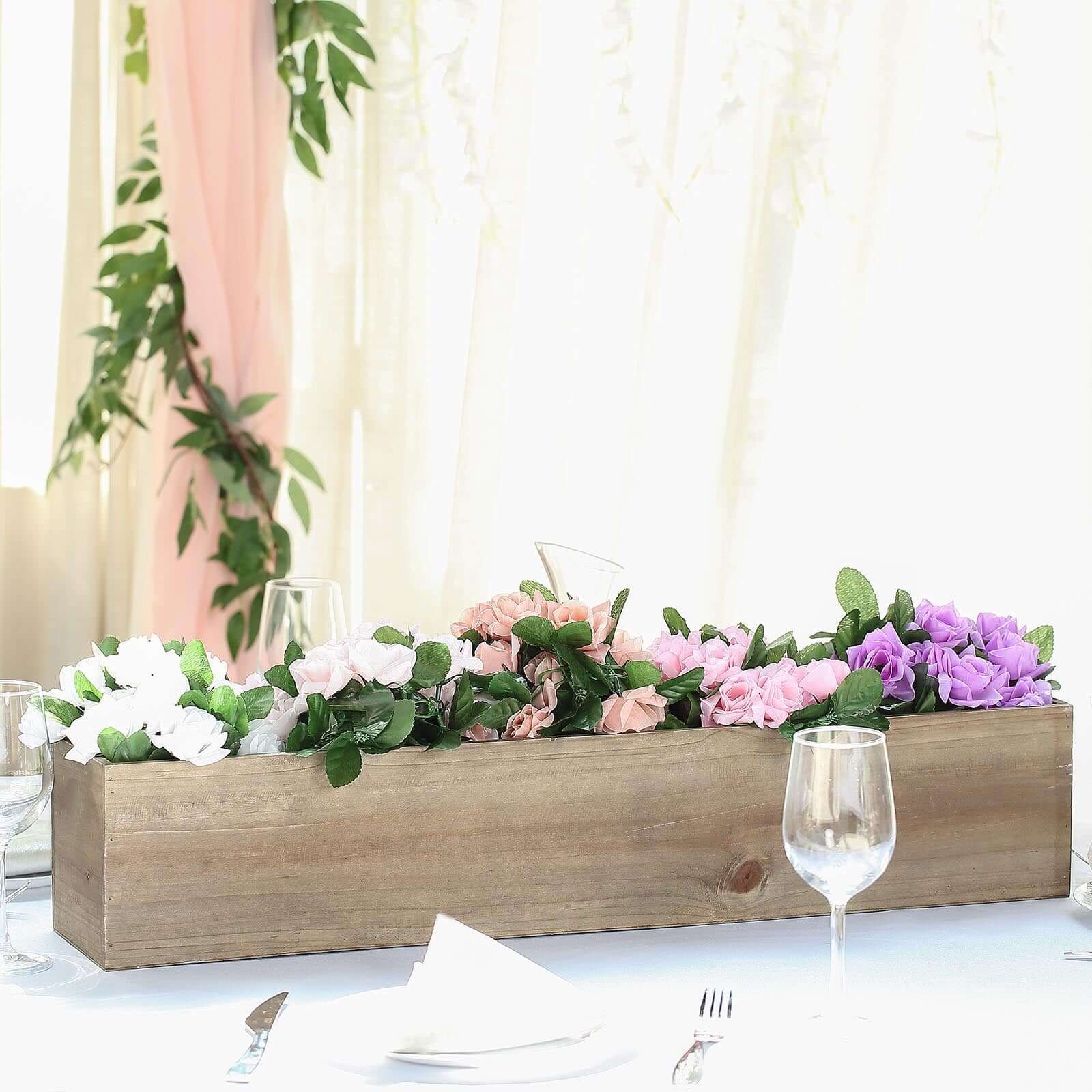 Natural Wood Planter Rectangular Box 30x6- Durable Decor with Removable Plastic Liner for Tables