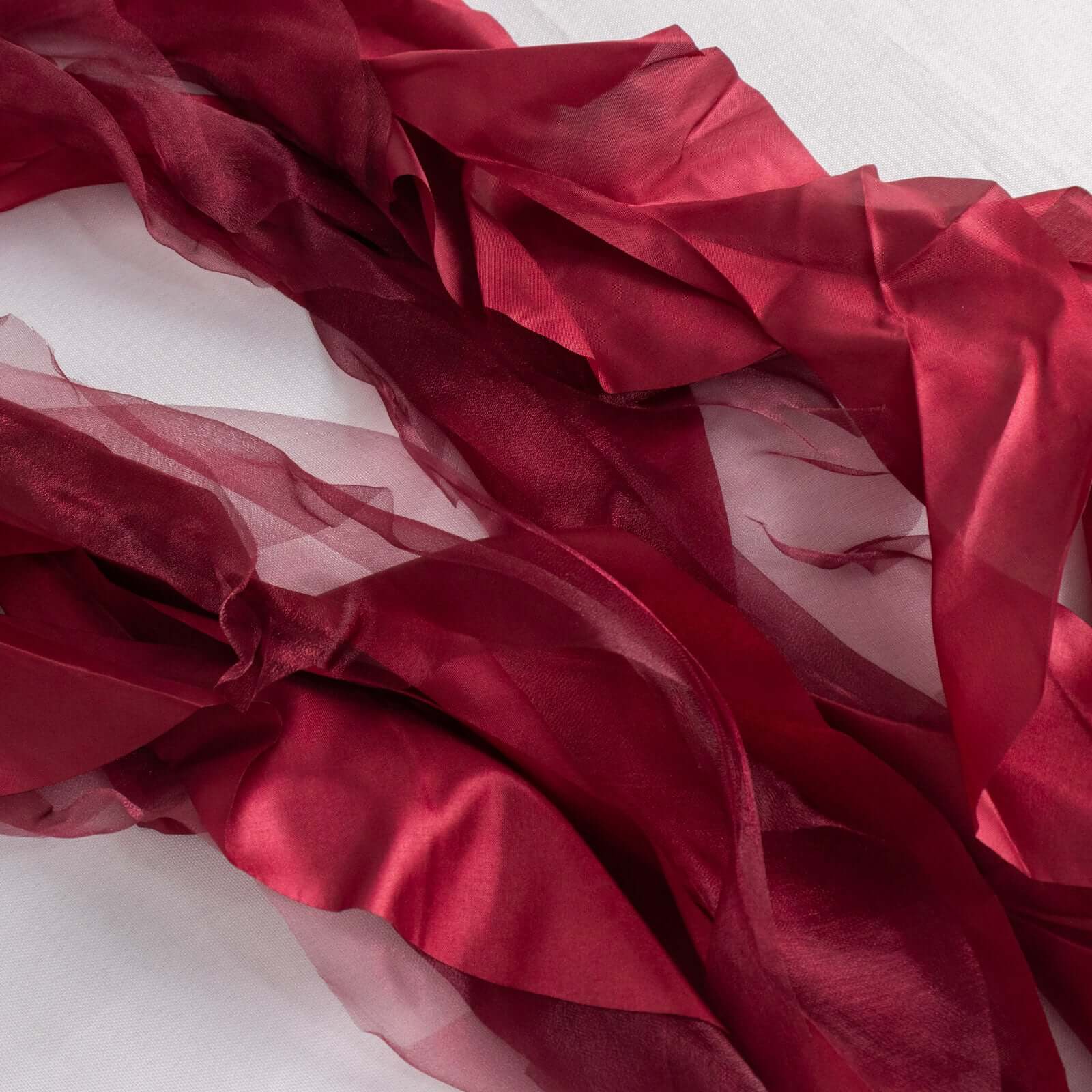 5 Pack Chiffon Satin Chair Sashes Burgundy - Easy to Install Ruffled Curly Willow