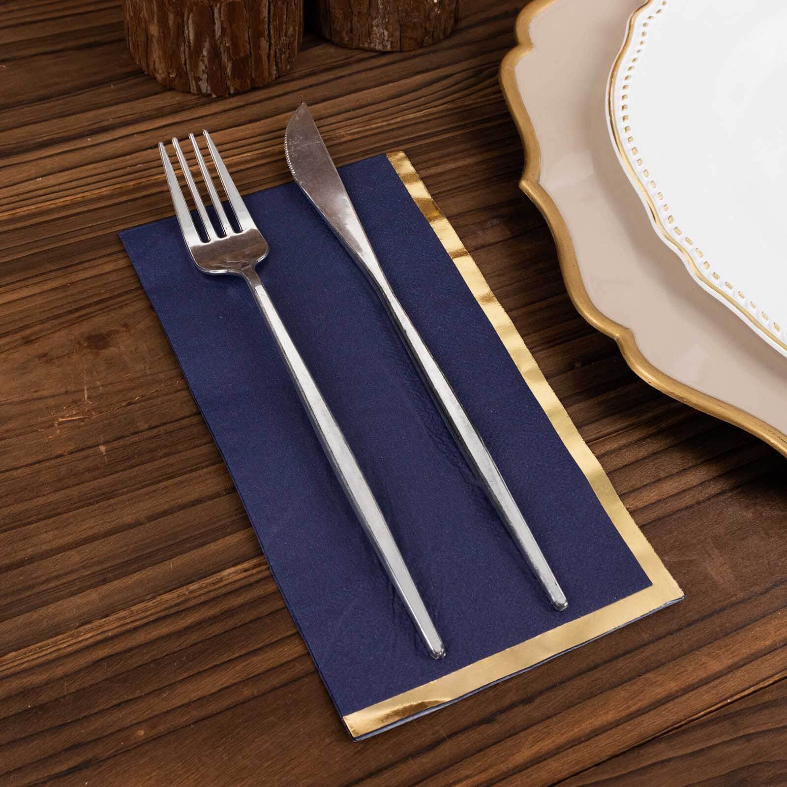 50-Pack Paper Dinner Napkins Navy Blue with Gold Foil Edge 2 Ply - Stylish Disposable Napkins