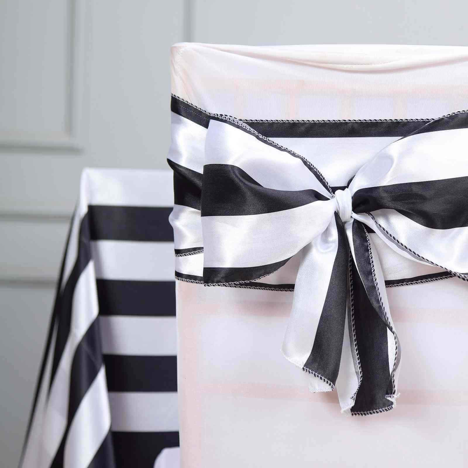 5 Pack Satin 6x108 Chair Sashes Black/White Stripes - Sophisticated Decor for Weddings & Gatherings